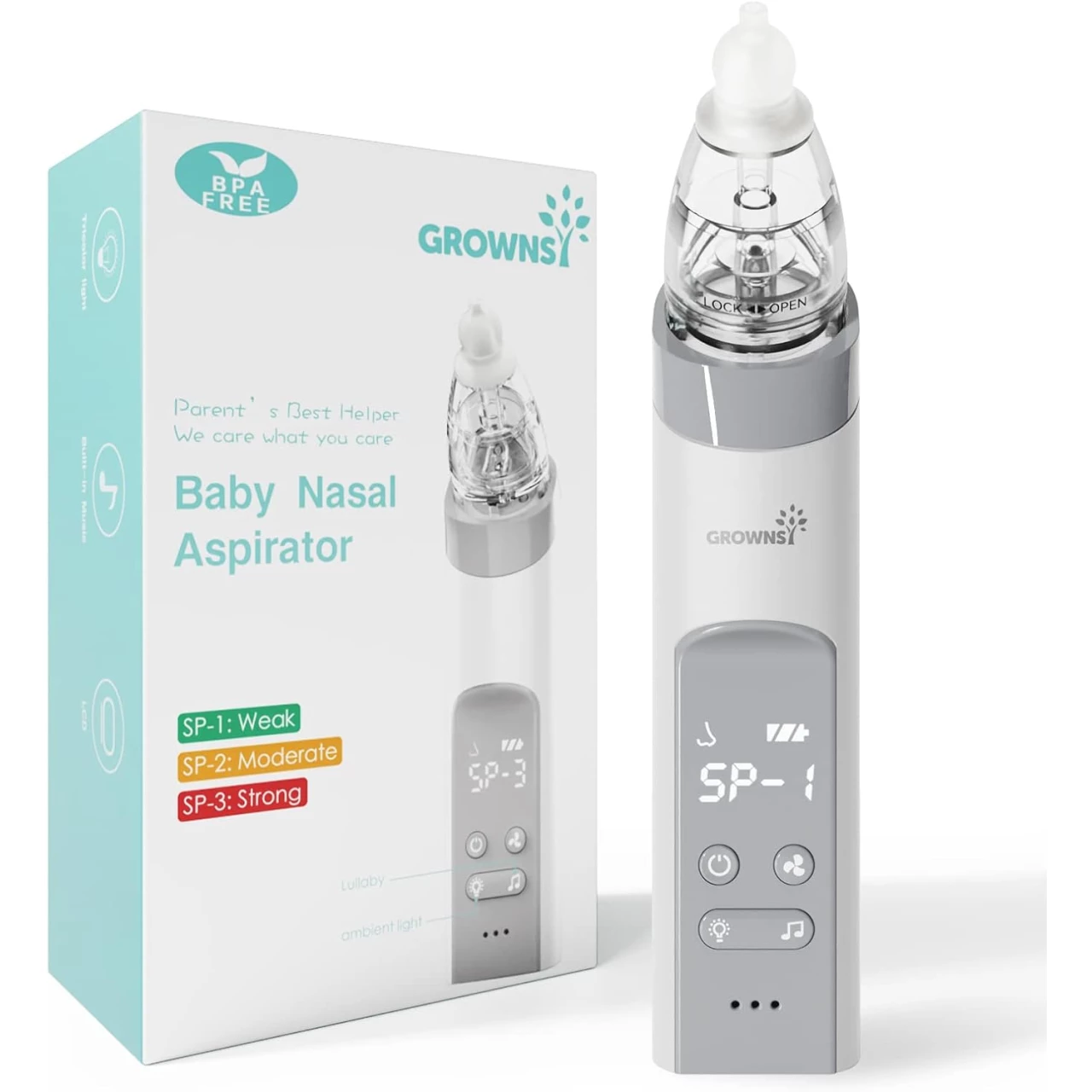 GROWNSY Nasal Aspirator for Baby, Electric Nose Aspirator for Toddler, Baby Nose Sucker, Automatic Nose Cleaner with 3 Silicone Tips, Adjustable Suction Level, Music and Light Soothing Function