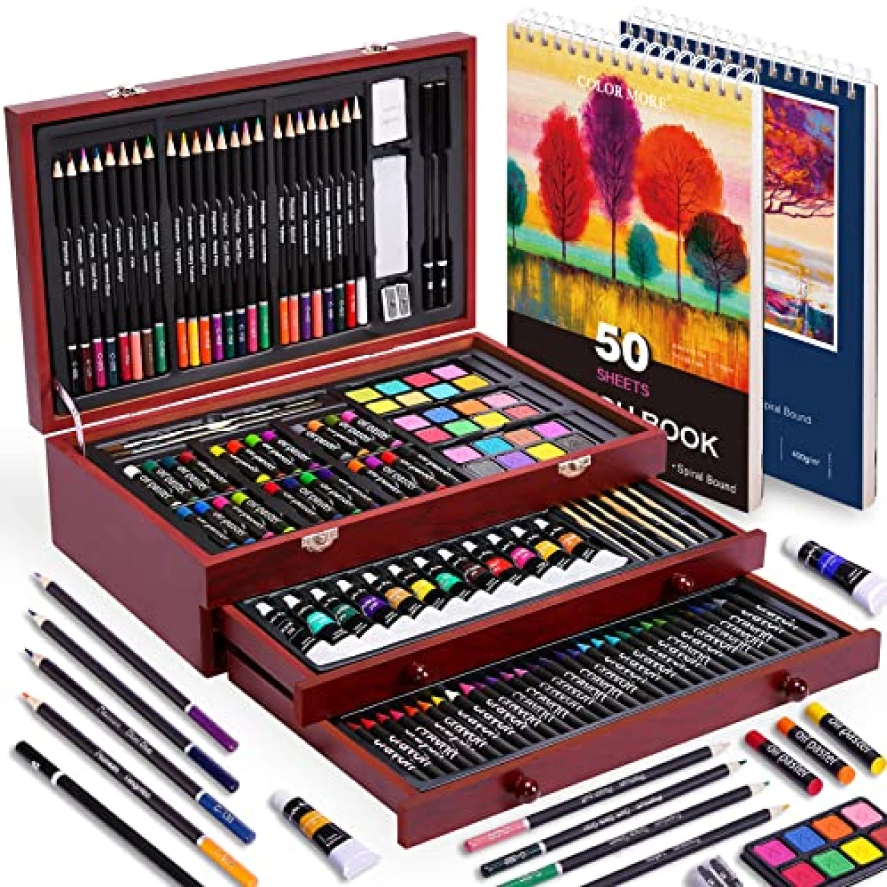 175 Piece Deluxe Art Set with 2 Drawing Pads, Acrylic Paints, Crayons, Colored Pencils, Paint Set in Wooden Case, Professional Art Kit, Art Supplies for Adults, Teens and Artist, Paint Supplies
