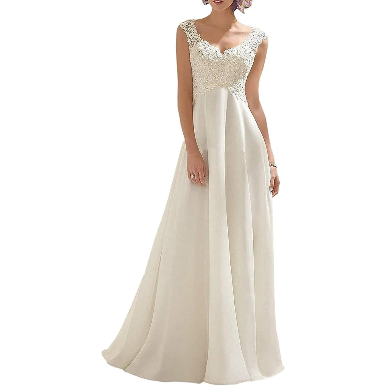 Abaowedding Women&rsquo;s Wedding Dress Lace Double V-Neck Sleeveless Evening Dress