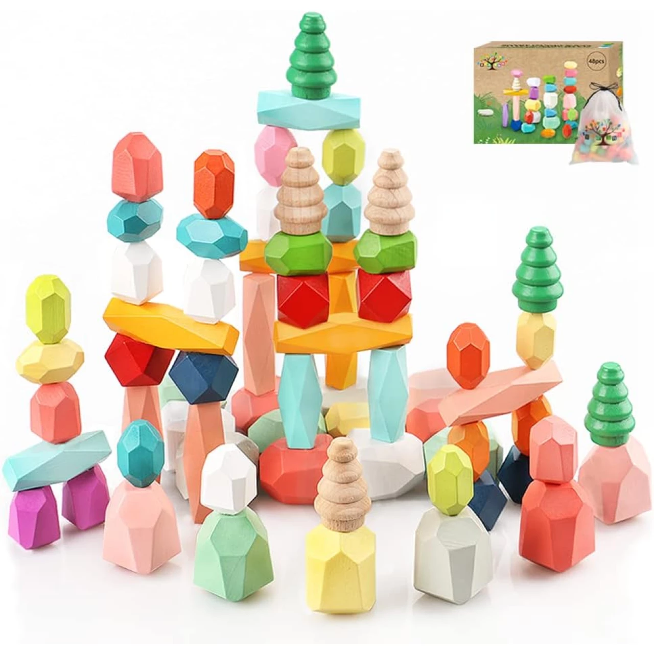 48PCS Toddler Wooden Stacking Building Blocks Montessori Toys