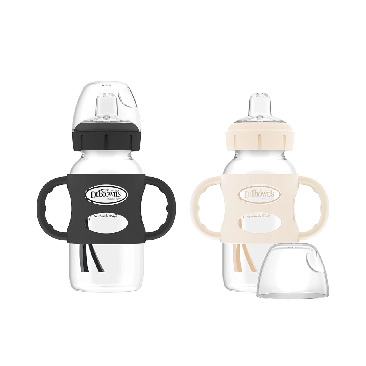 Dr. Brown’s Milestones Wide-Neck Sippy Bottle with 100% Silicone Handles, Easy-Grip Bottle with Soft Sippy Spout, 9oz/270mL, BPA Free, Black &amp; Ecru, 2 Pack, 6m+