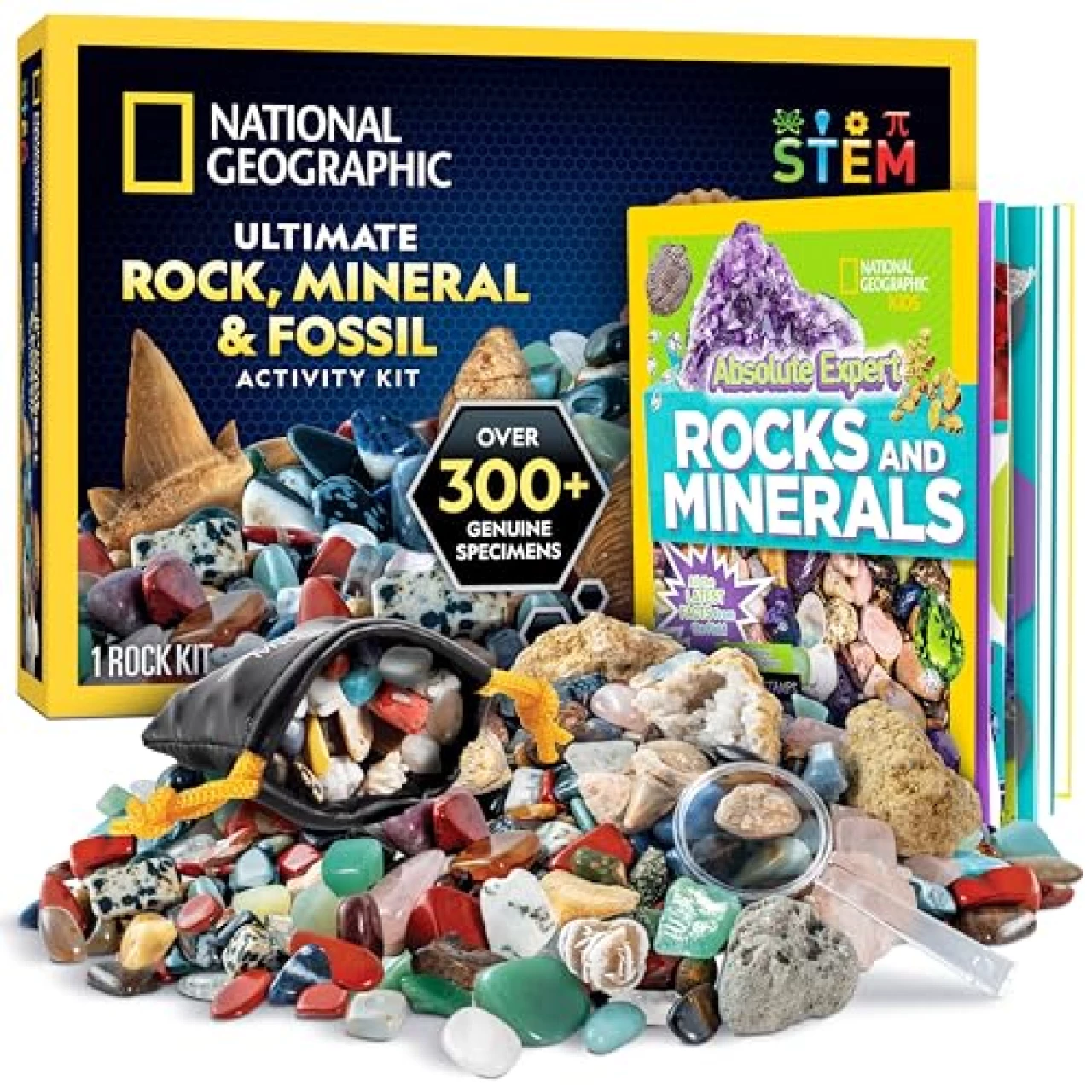 NATIONAL GEOGRAPHIC Rock Collection Box for Kids - 300+ Piece Rock Set with Real Fossils, Gemstones, and Crystals
