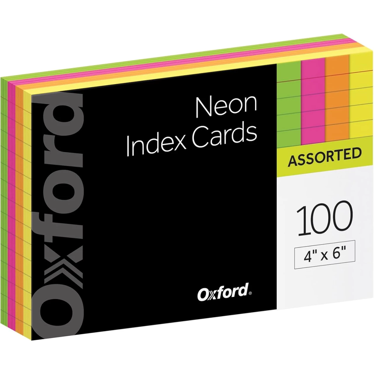 Oxford Neon Index Cards, 4&quot; x 6&quot;, Ruled, Assorted Colors, 100 Per Pack (99755EE)