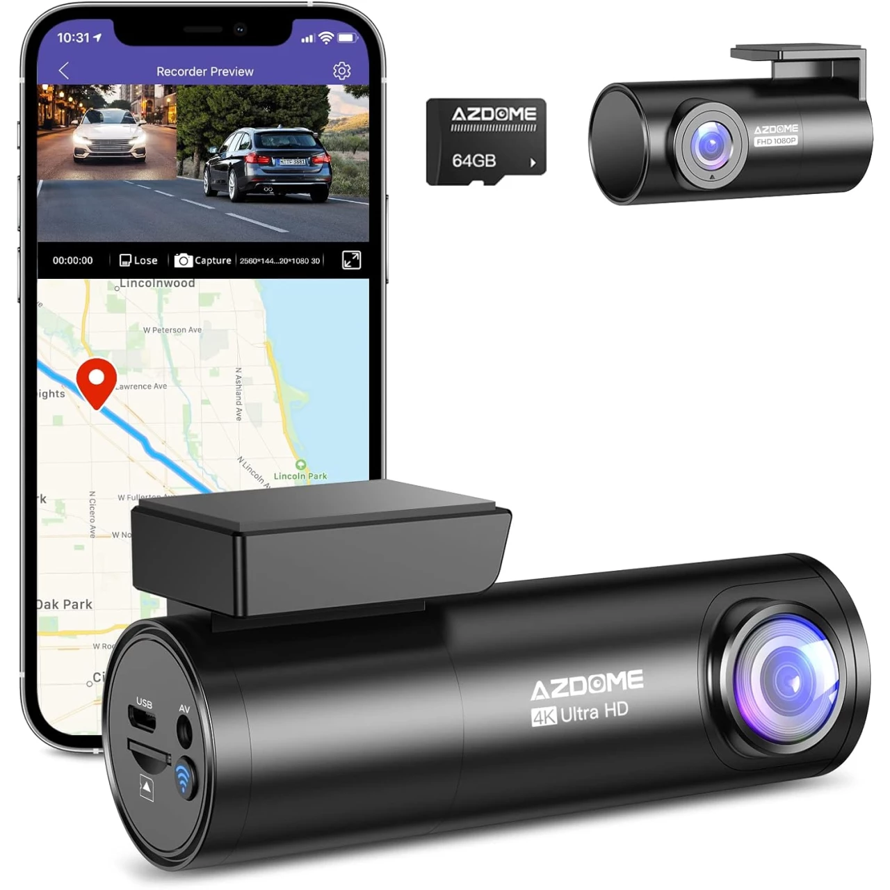 AZDOME Front and Rear Dash Cam, 4K + 1080P Dual Dash Camera for Cars
