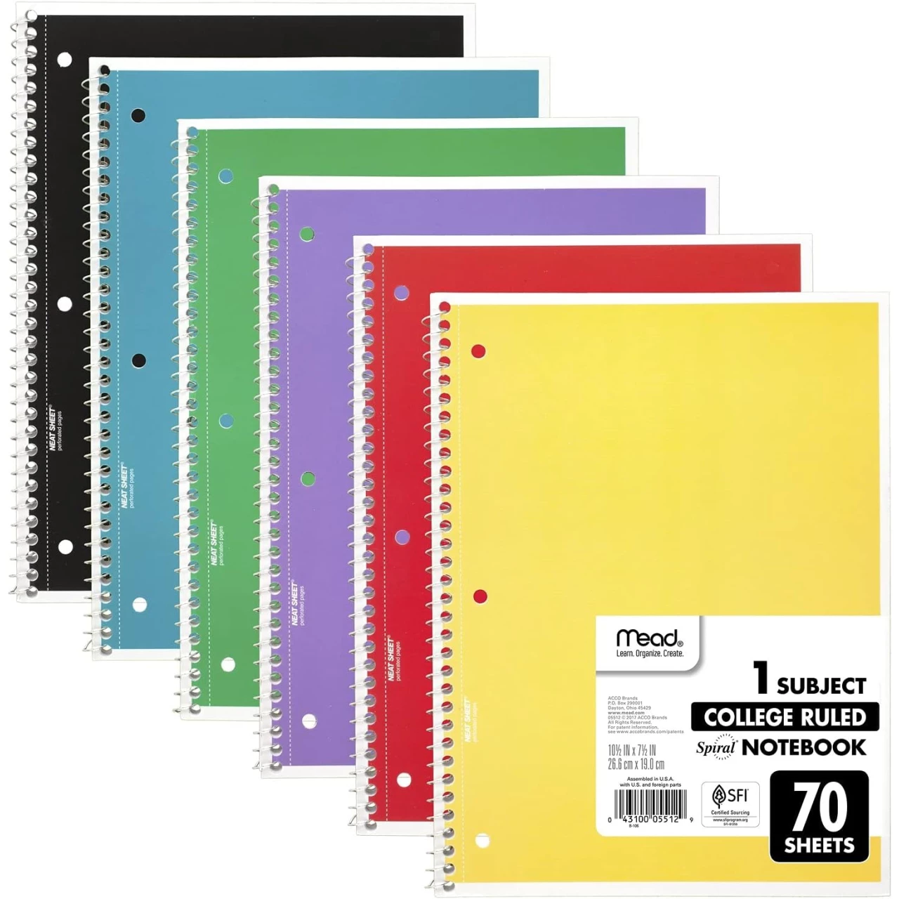 Mead Spiral Notebooks, 6 Pack, 1-Subject, College Ruled Paper