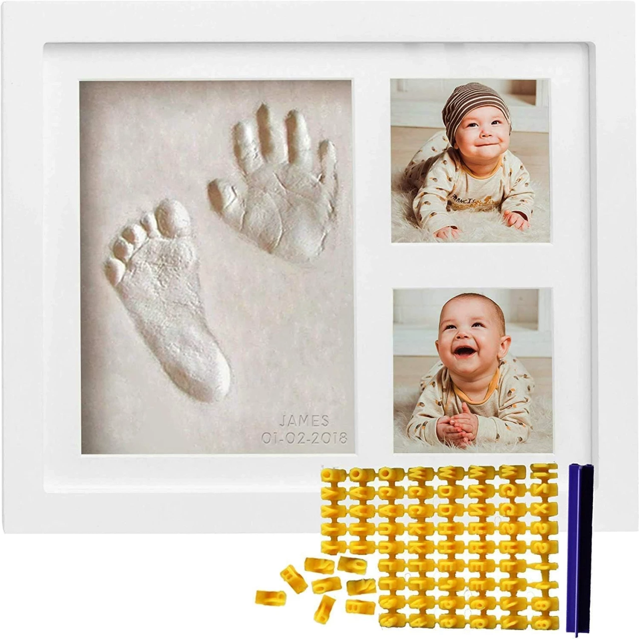 Co Little Baby Handprint &amp; Footprint Kit (Date &amp; Name Stamp) Clay Hand Print Picture Frame for Newborn - Best New Mom Gift - Foot Impression Photo Keepsake for Girl &amp; Boy - White Feet Imprint Mold