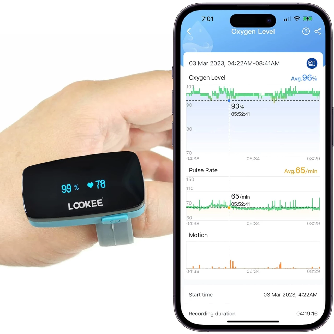 LOOKEE Ring Continuous Pulse Oximeter | Bluetooth &amp; Wearable Oxygen Monitor with Vibration Reminder for Low O2 | Rechargeable Blood Oxygen Saturation Tracker for SpO2 &amp; PR - Free APP with Reports