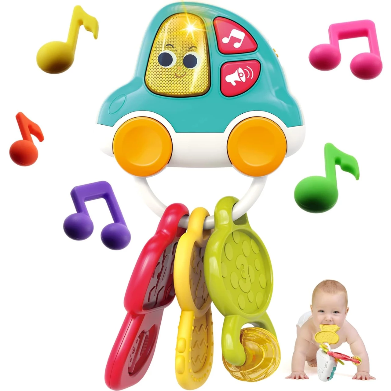 Yiosion Baby Musical Rattle Teether Set, Shaker, Grab and Spin Rattle, Early Educational FunKeys Toy Car Keychain with Light and Sounds, Gift for 3, 6, 9, 12 Month Infant Newborn