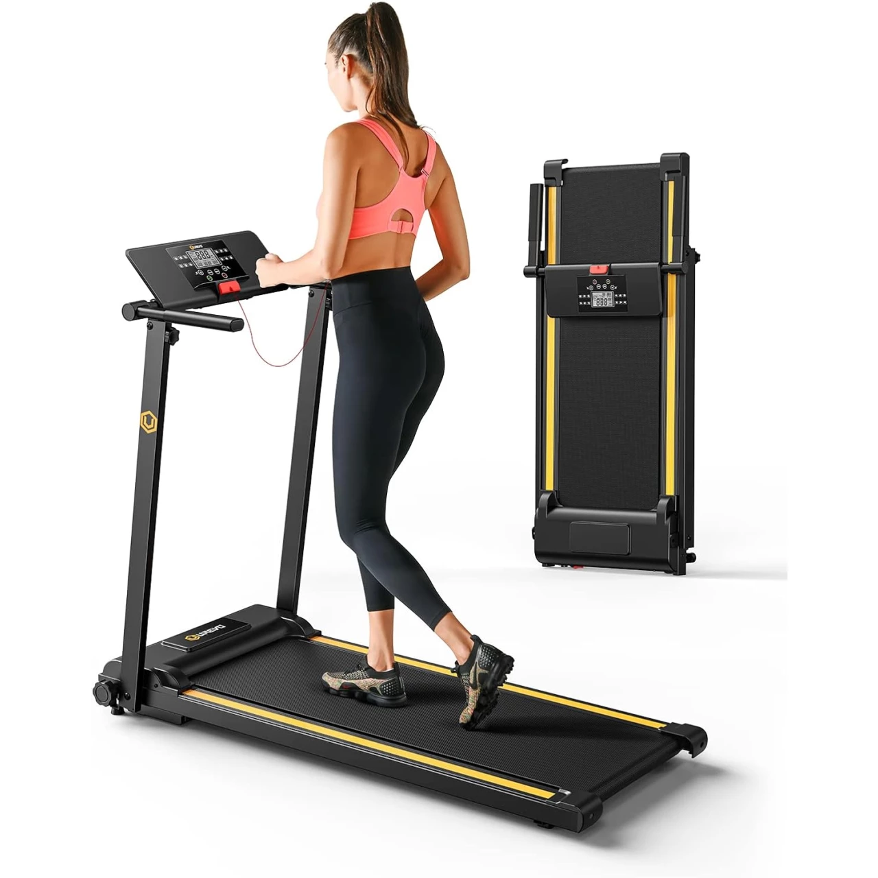 UREVO Folding Treadmill, 2.25HP Foldable Treadmill with 12 HIIT Modes, Compact Mini Treadmill for Home Office, Space Saving Small Treadmill with Large Running Area, LCD Display, Easy to Fold