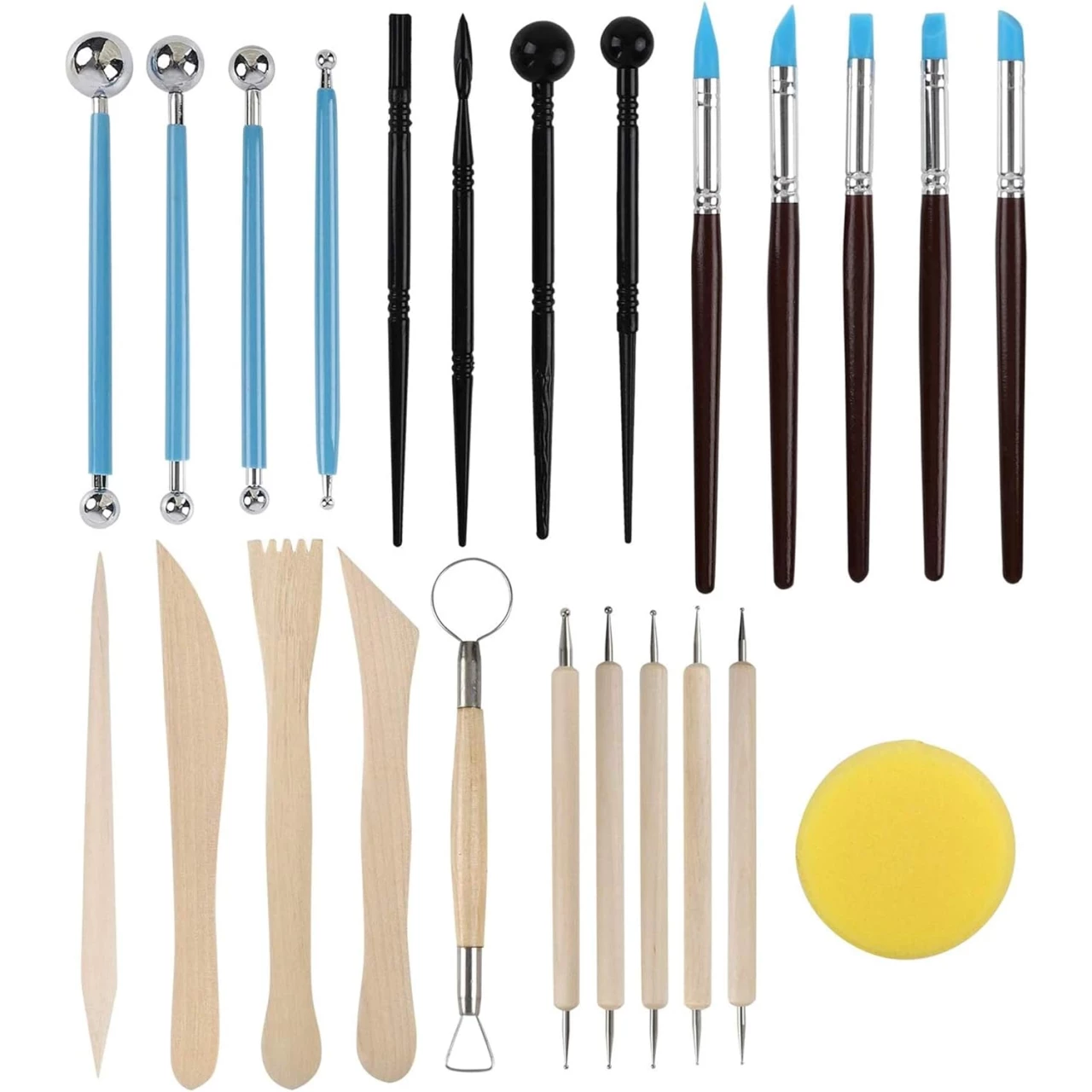 RUBFAC Clay Tools, 24pcs Polymer Clay Tools, Modeling Clay Sculpting Tools Set Pottery Tools with Air Dry Clay Tools Ball Stylus Dotting Tools Rock Painting Kit for Sculpture Pottery