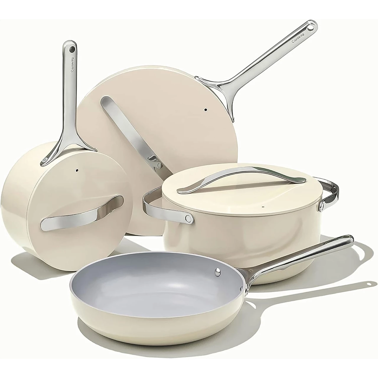 Caraway Nonstick Ceramic Cookware Set (12 Piece) Pots, Pans, Lids and Kitchen Storage - Non Toxic, PTFE &amp; PFOA Free - Oven Safe &amp; Compatible with All Stovetops (Gas, Electric &amp; Induction) - Cream