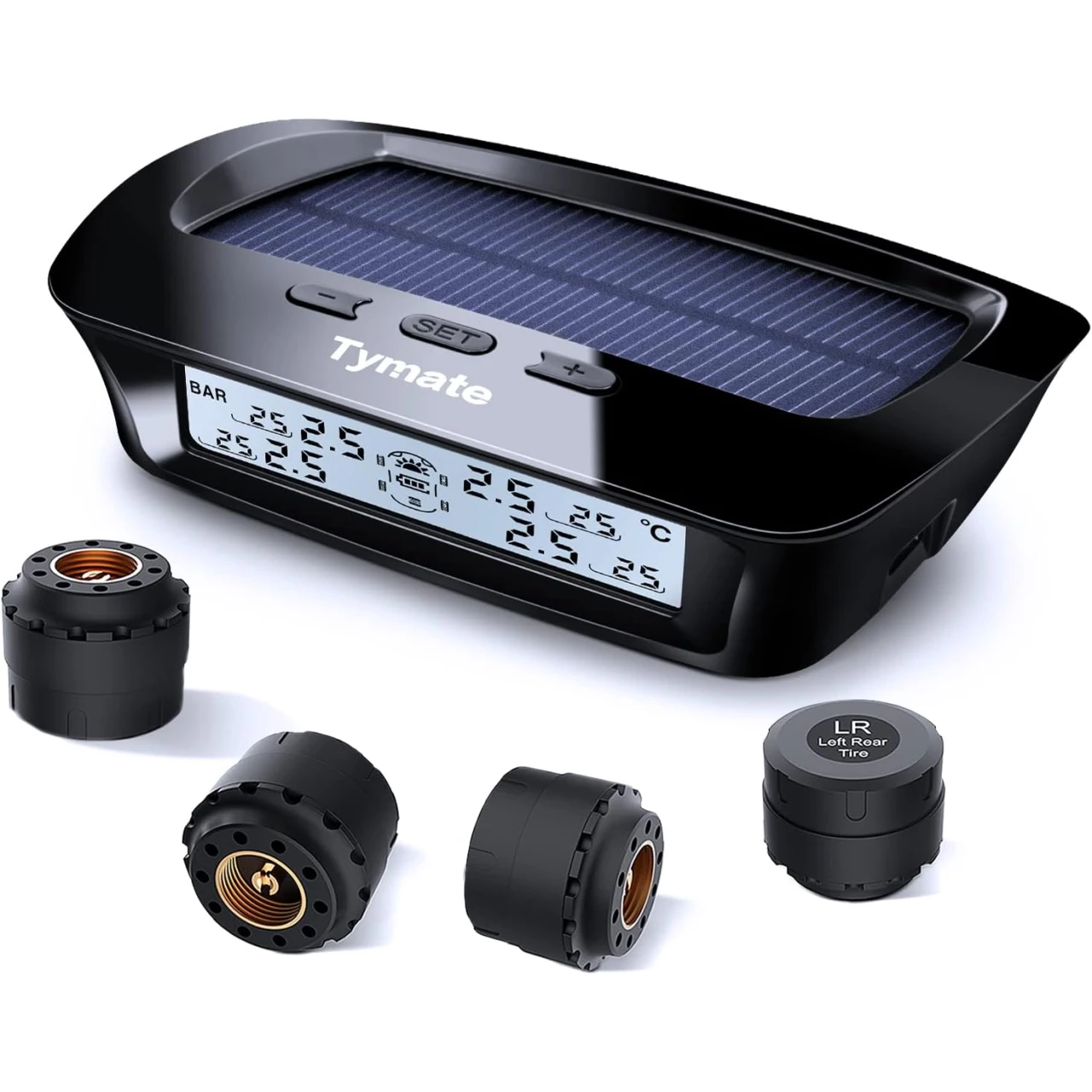 Tymate Tire Pressure Monitoring System M12-3 - Solar Charge, 5 Alarm Modes, Auto Sleep Mode, Tire Position Exchange, 4 TPMS Sensors (0-87 PSI)