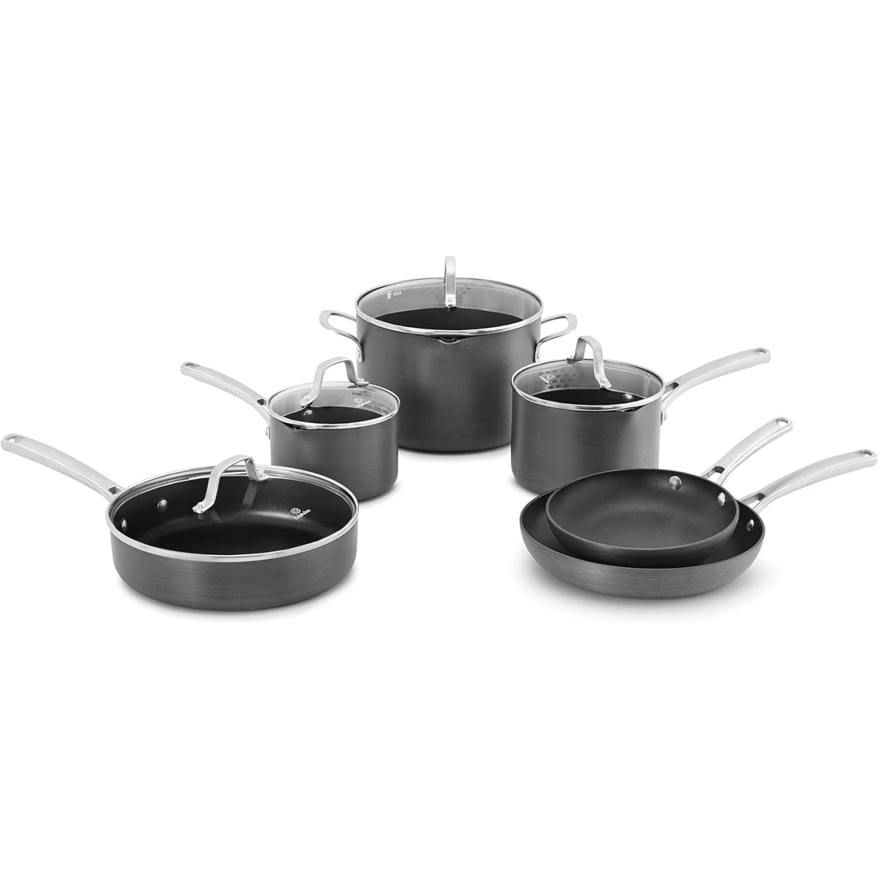 Calphalon 10-Piece Pots and Pans Set, Nonstick Kitchen Cookware with Stay-Cool Stainless Steel Handles and Pour Spouts, Grey