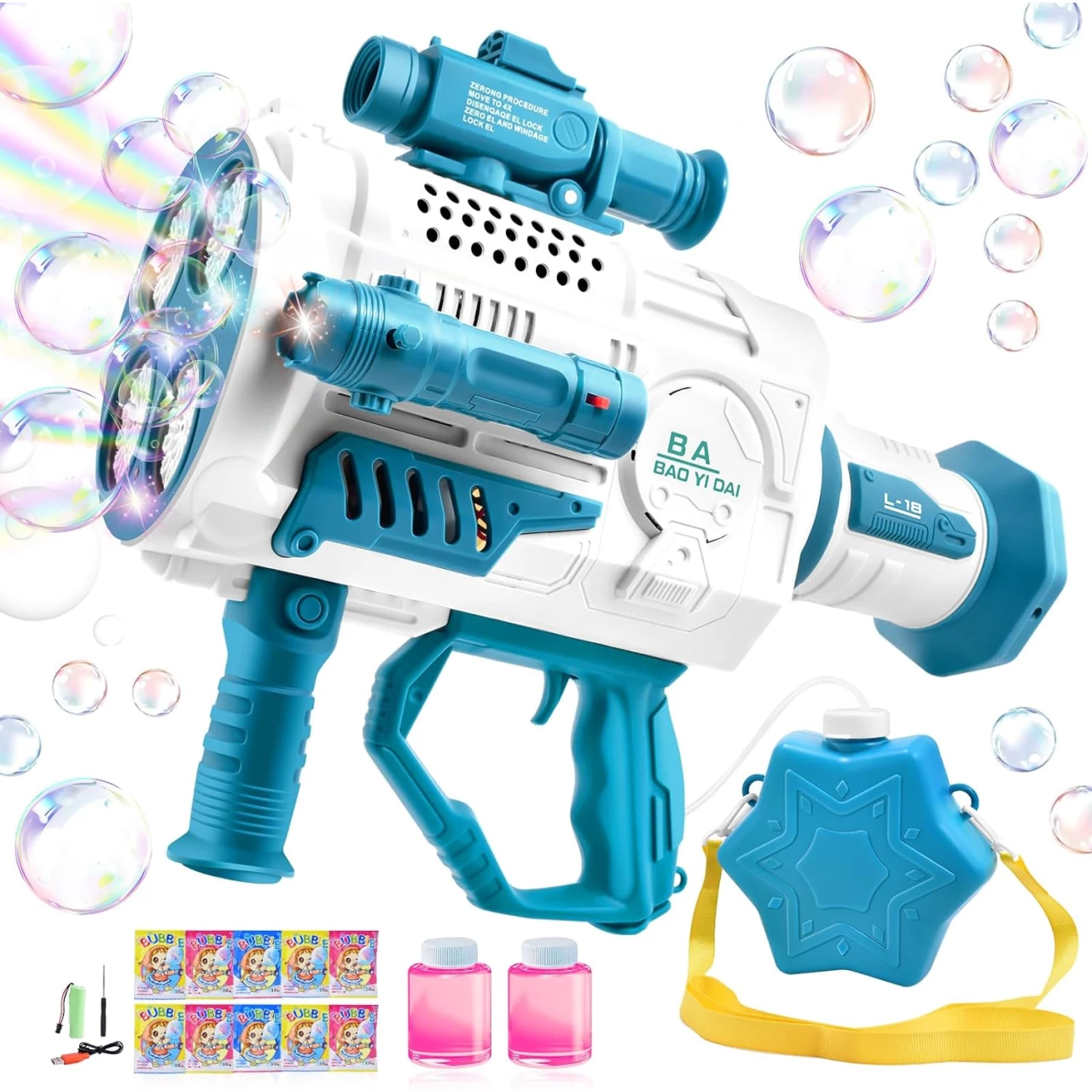 CASRRA Bazooka Bubble Gun for Kids Adults,15000 Bubbles Per Minute, 4 Motors Bubble Machine Backpack Gun,Auto Bubble Maker with LED Lights, Bubble Solution, Birthday Wedding Party Favors Outdoor Toy