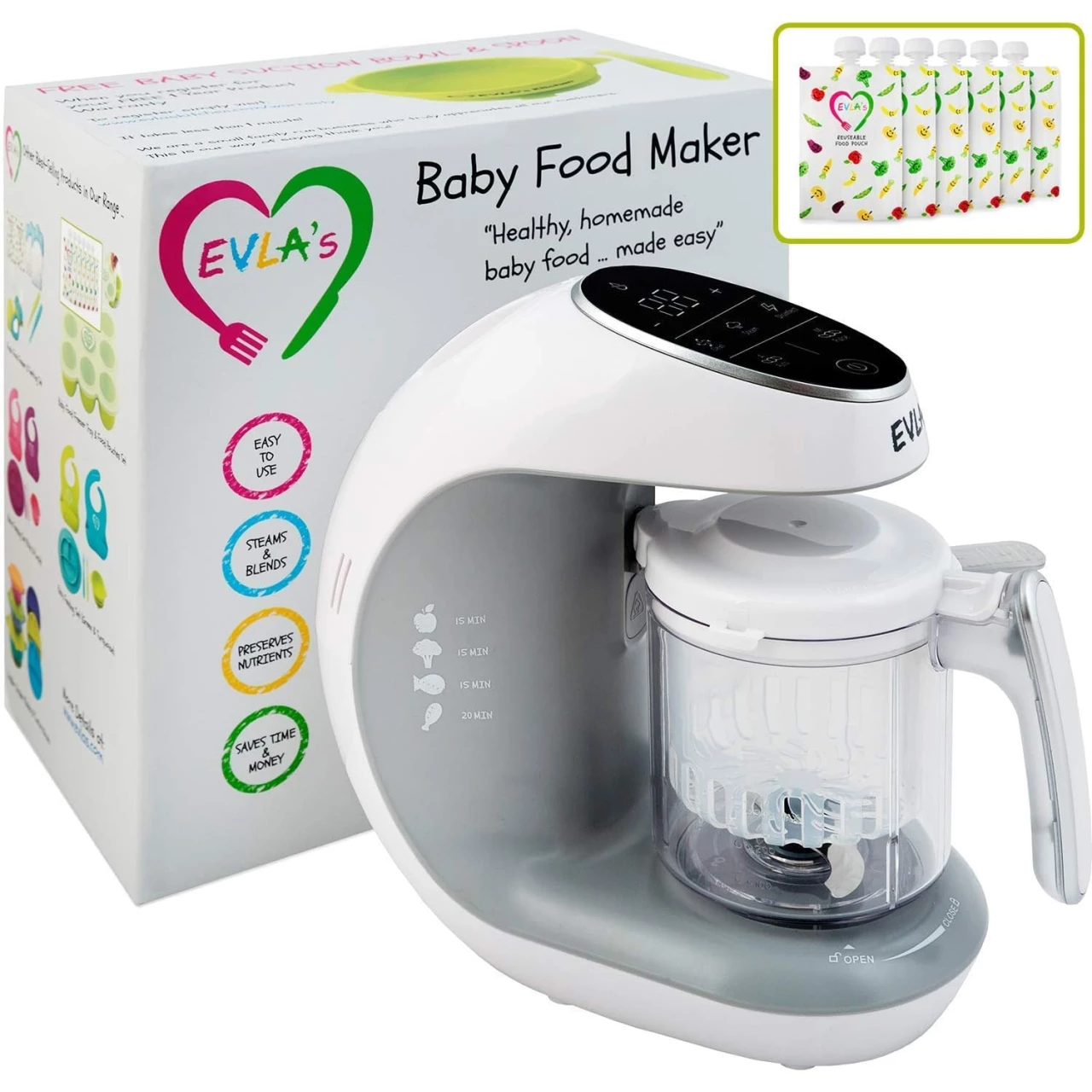 Baby Food Maker, Food Processor Blender Grinder Steamer | Cooks &amp; Blends Healthy,Homemade Food in Minutes | Self Cleans | Touch Screen Control | 6 Reusable Pouches