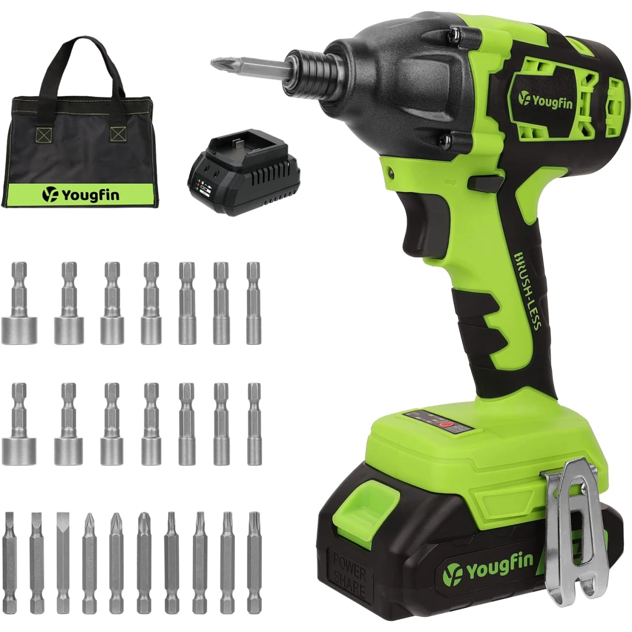 YOUGFIN Impact Driver, 20V Max 1/4&quot; Hex Impact Brushless Cordless Tool Kit