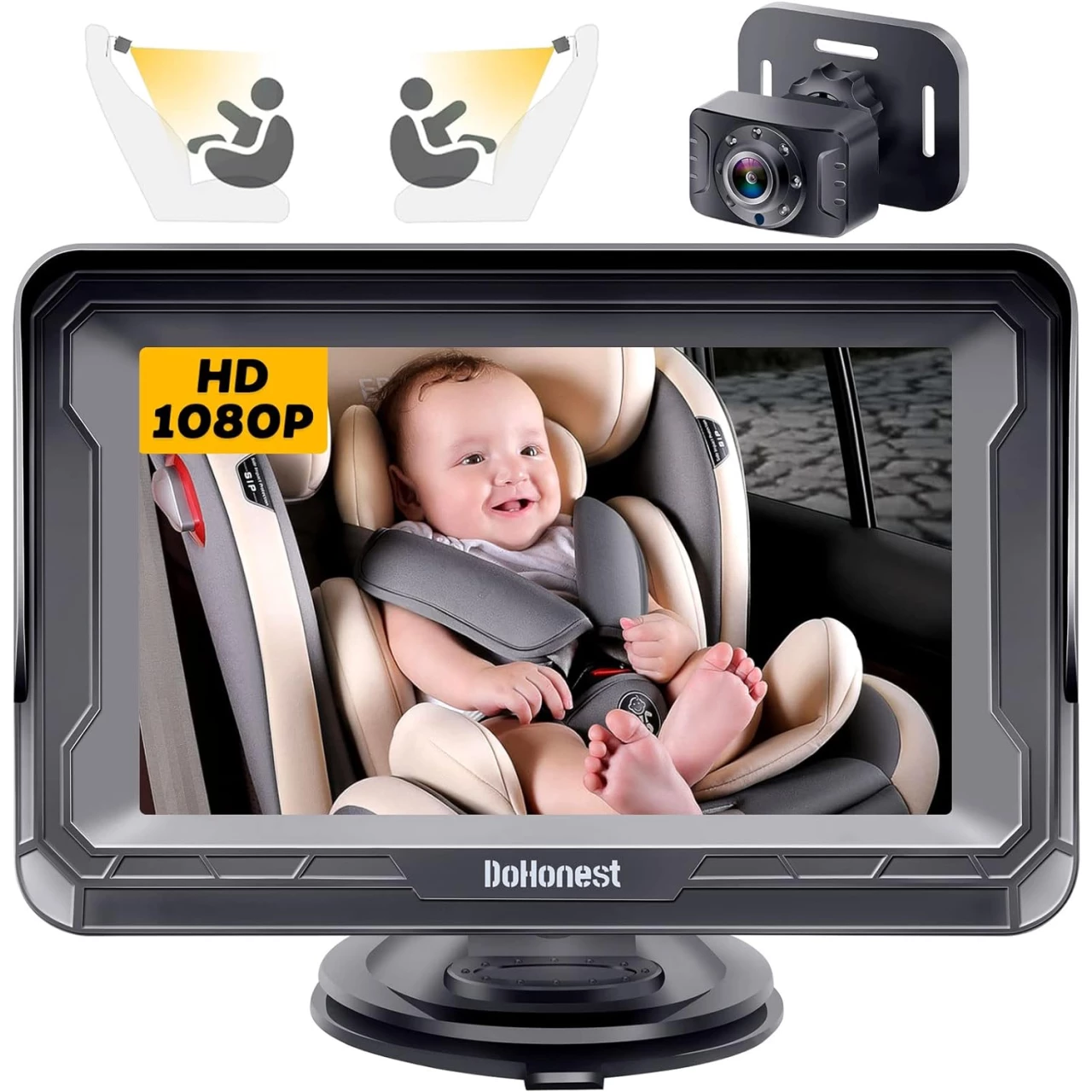 DoHonest Baby Car Camera HD 1080P - 360° Rotating Rear Facing Car Baby Monitor with Camera Crystal Night Vision Backseat Camera