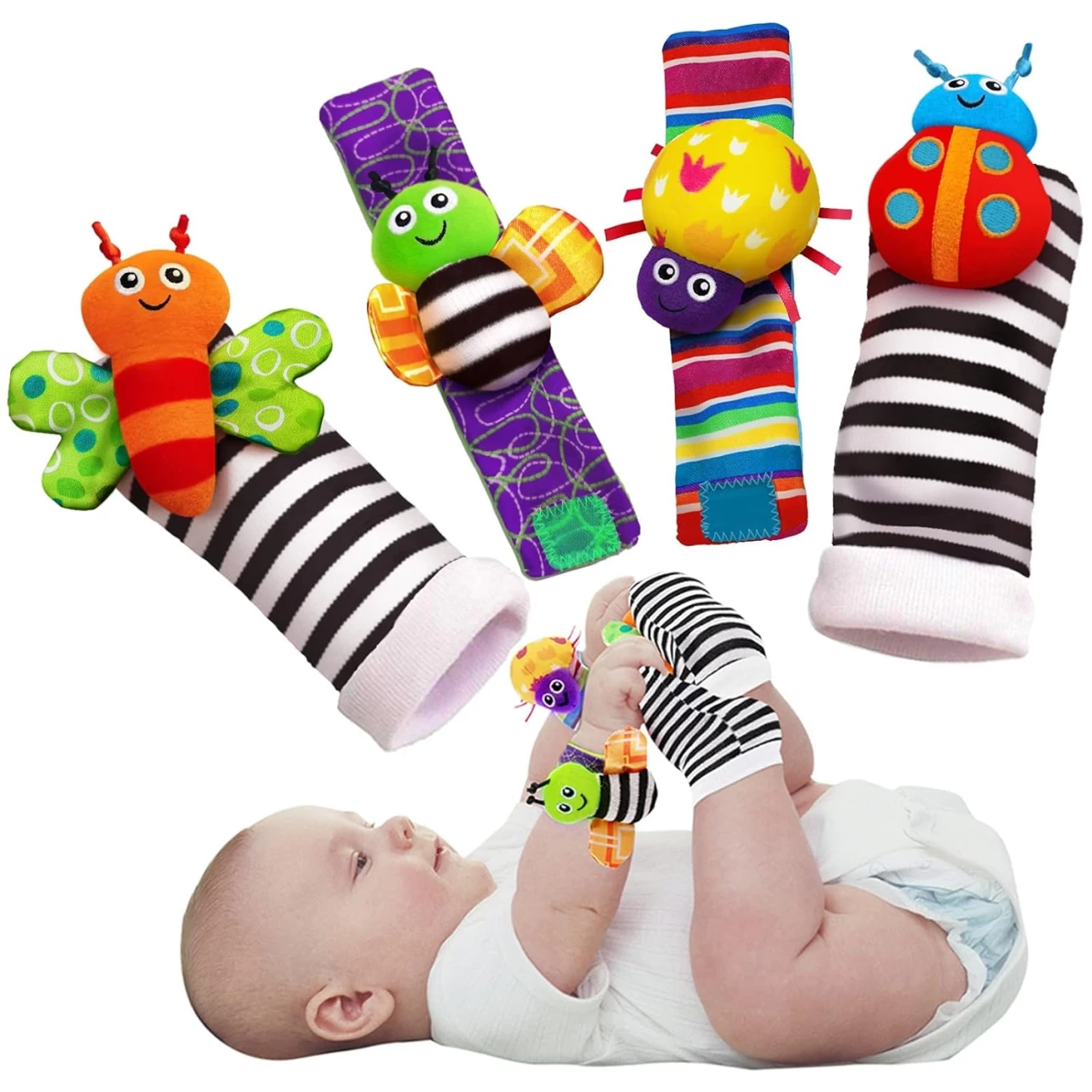Baby Infant Rattle Socks Toys, Wrist Rattles and Foot Finders for Baby Boy or Girl - New Baby Gift Infant Toys 4PCS