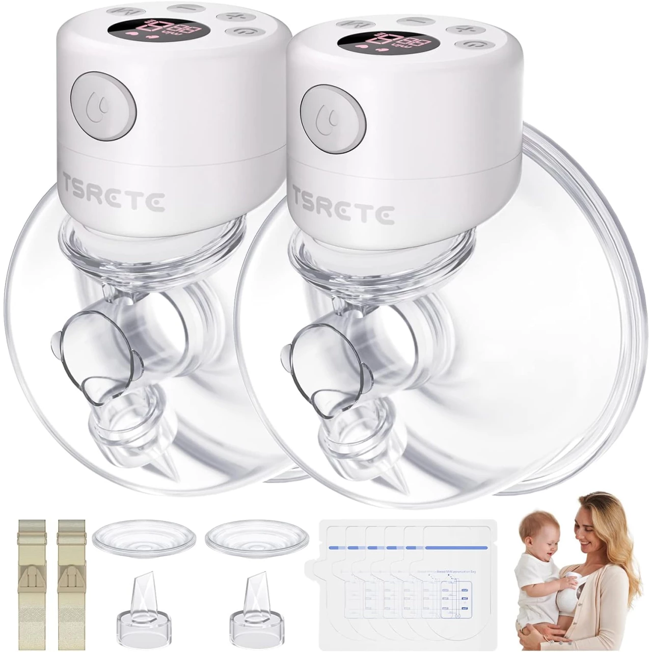 TSRETE Breast Pump, Double Wearable Breast Pump, Electric Hands-Free Breast Pumps with 2 Modes, 9 Levels, LCD Display, Memory Function Rechargeable Double Milk Extractor-27mm Flange, White