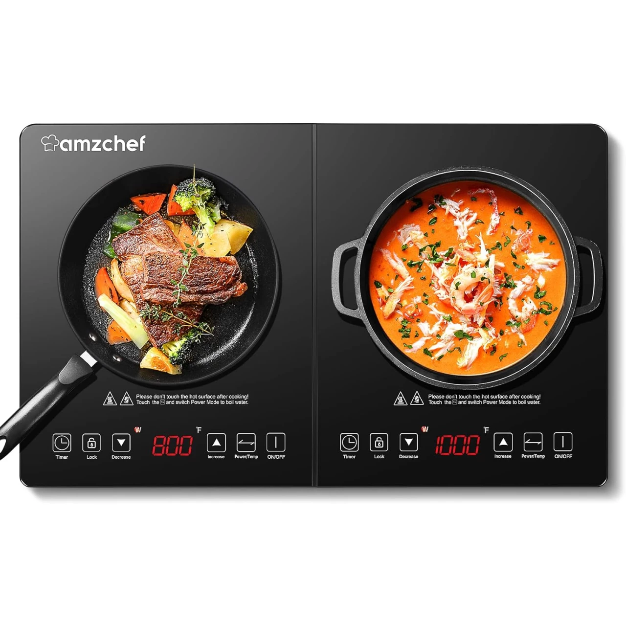 Double Induction Cooktop AMZCHEF Induction Cooker 2 Burners, Low Noise Electric Cooktops With 1800W Sensor Touch, 10 Temperature &amp; Power Levels,Independent Control,3-hour Timer, Safety Lock