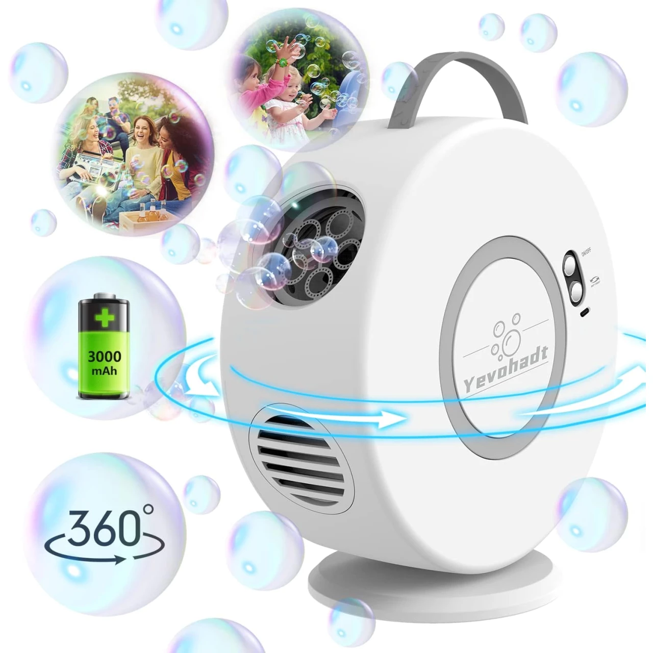 Bubble Machine for Kids Toddlers,Automatic Bubble Blower Rechargeable, 90° 360° Auto Rotatable Portable Bubble Maker Electric Bubbles Toy