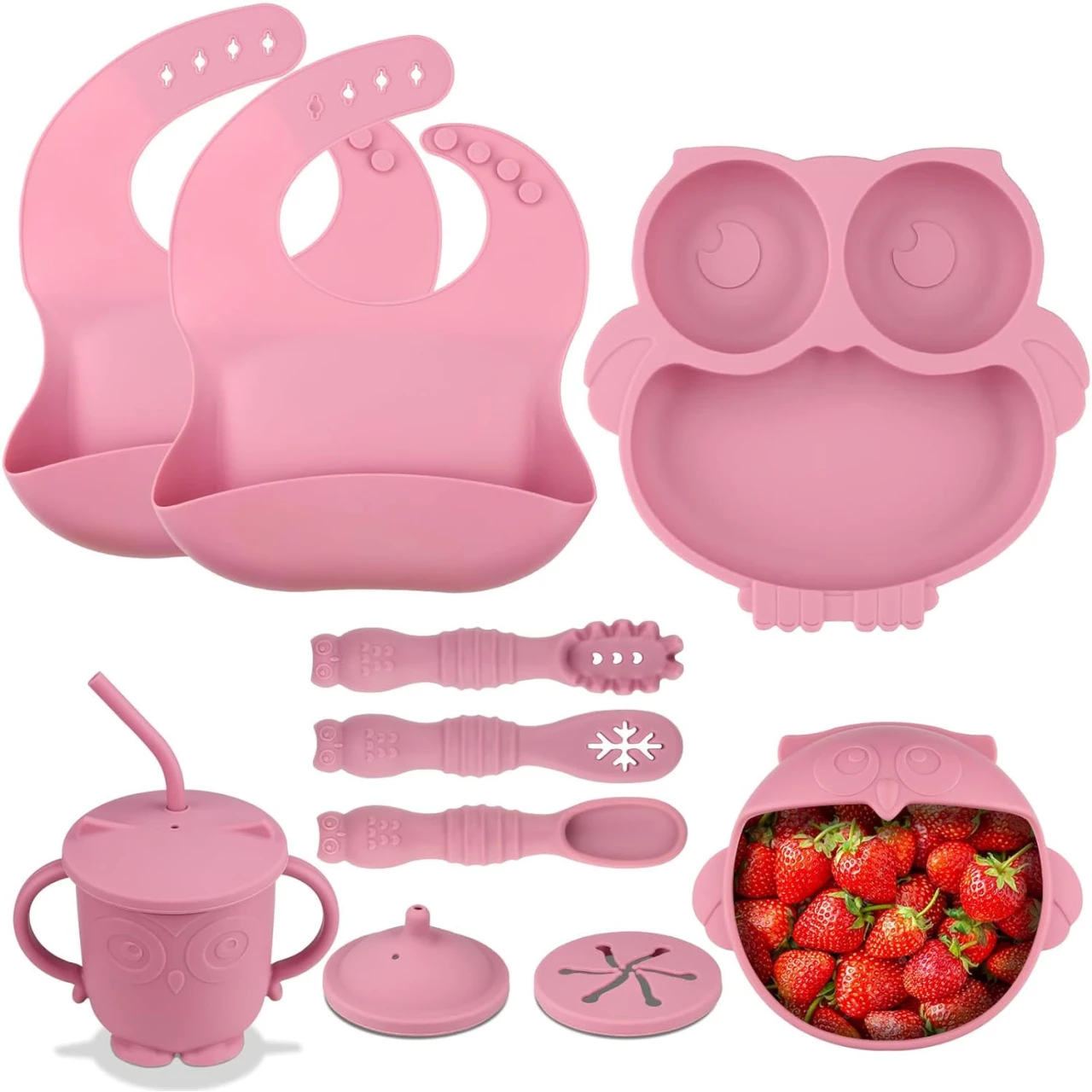 Silicone Baby Feeding Set, 13 PCS Baby Led Weaning Supplies with Suction Baby Plate and Bowl Set, Baby Spoon and Fork, Adjustable Bib, Sippy Cup with Straw and Lid, Baby Utensils for 6+Months（Pink）