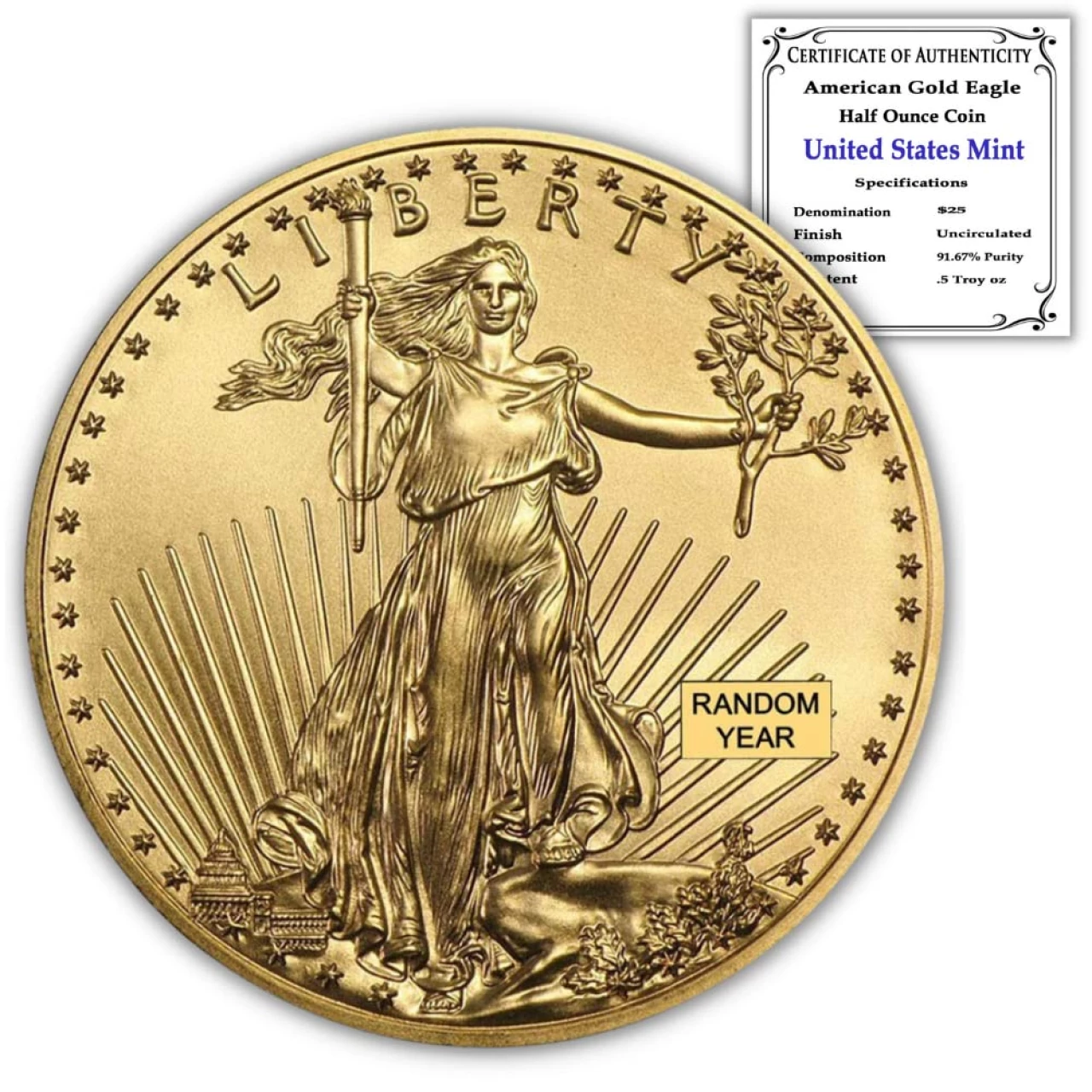 1/2 oz American Gold Eagle Brilliant Uncirculated (BU -Type 1 or 2) with Certificate of Authenticity $25 Mint State