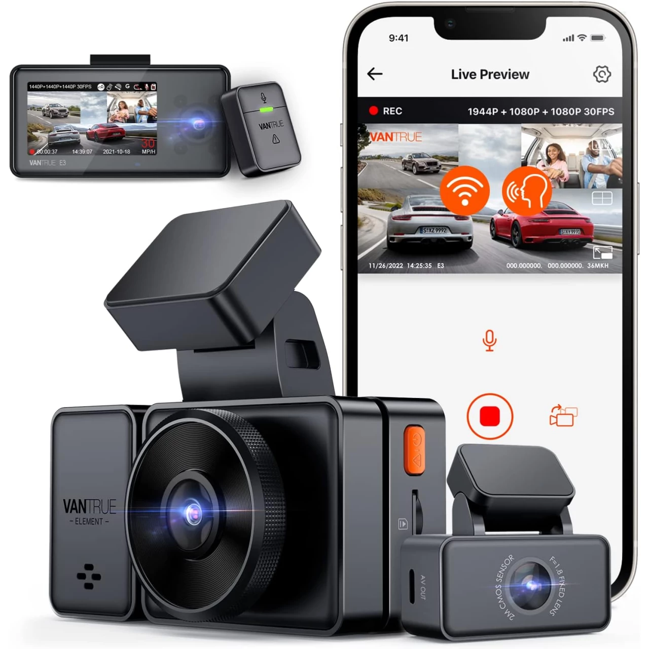 Vantrue E3 3 Channel WiFi GPS Dash Cam, 2.5K+1080P Front and Rear, Front and Inside, 1944P+1080P+1080P 3 Way Dash Camera, Voice Control, IR Night Vision, 24 Hrs Parking Mode, Support 512GB Max