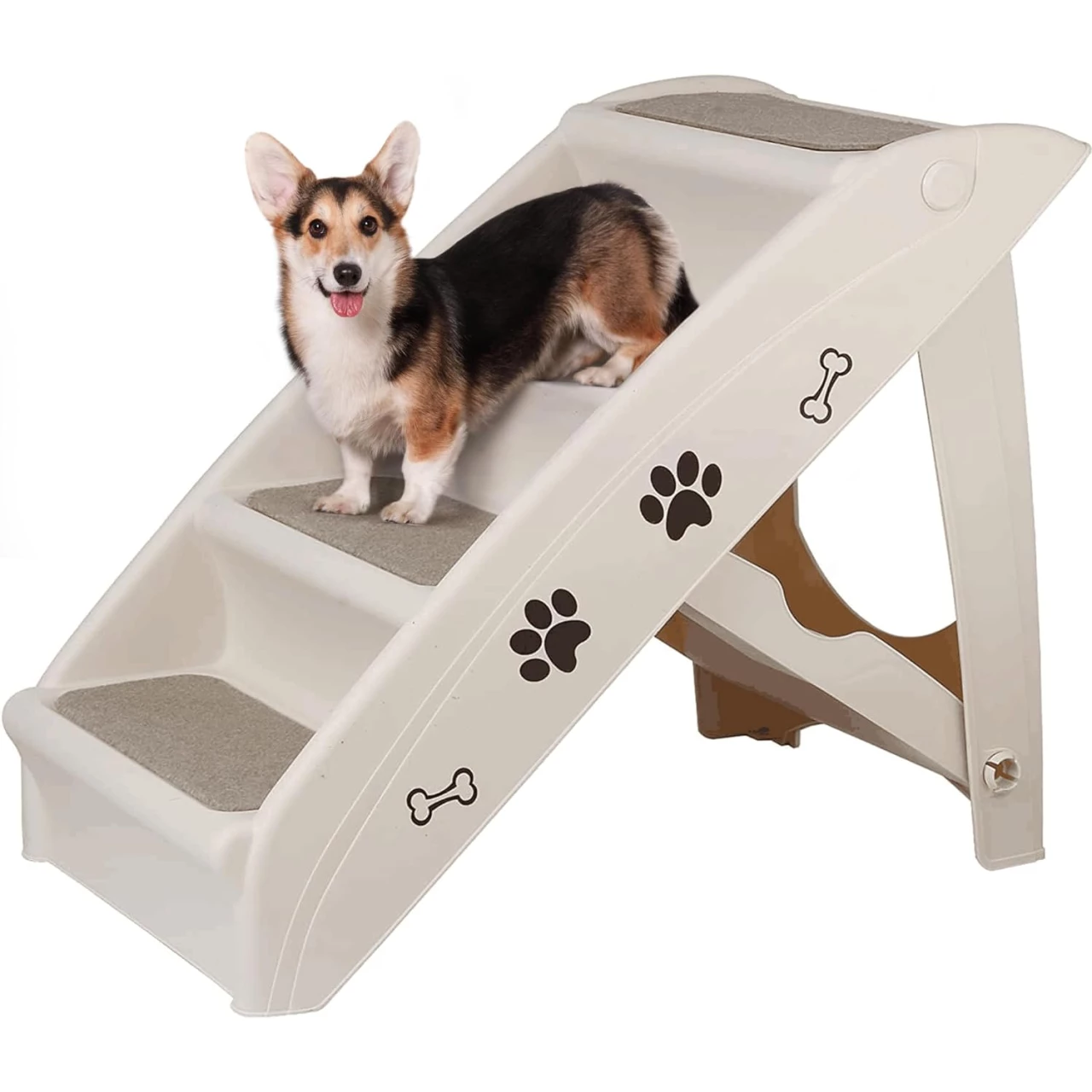 Dog Stairs to Bed Pet Stairs Dog Steps for Small Dogs Washable Carpet Pet Stairs for High Bed Foldable Plastic Pet Steps (Tan)