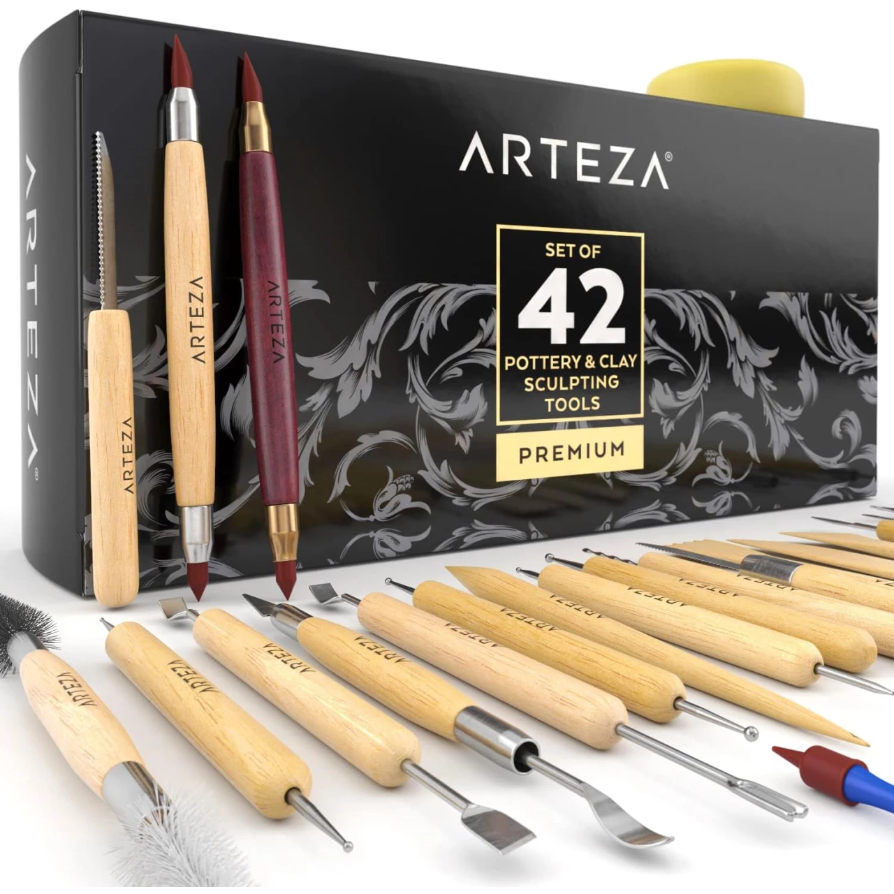 ARTEZA Pottery &amp; Polymer Clay Tools, 42-Piece Sculpting Set, Steel Tip Tools with Wooden Handles, for Pottery Modeling, Smoothing, Carving &amp; Ceramics