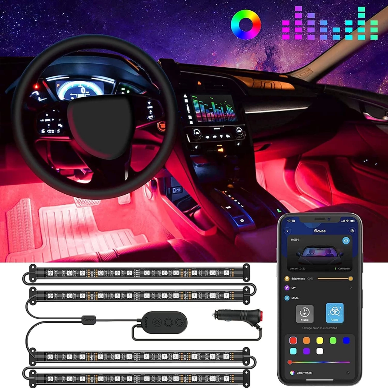 Govee Car LED Lights, Smart Car Interior Lights with App Control, RGB Inside Car Lights with DIY Mode and Music Mode, 2 Lines Design LED Lights for Cars with Car Charger, DC 12V