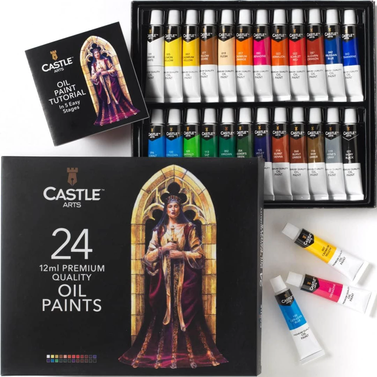 Castle Art Supplies 24 x 12ml Oil Paint Set | Great Value Set for Adult Artists, Beginners and Advanced | Vibrant Variety of Smooth-to-use Colors | In Impressive Presentation Box With Tutorial