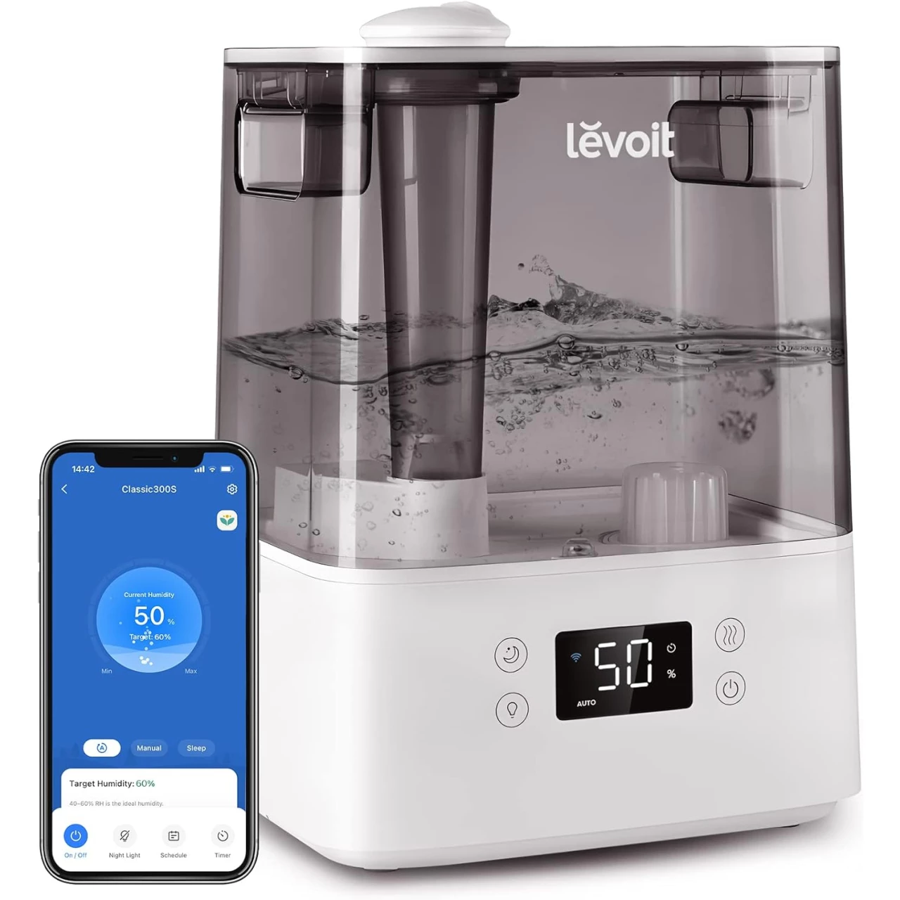 LEVOIT Humidifiers for Bedroom Large Room Home, (6L) Cool Mist Top Fill Essential Oil Diffuser for Baby &amp; Plants, Smart App &amp; Voice Control, Rapid Humidification &amp; Auto Mode - Quiet Sleep Mode, Gray