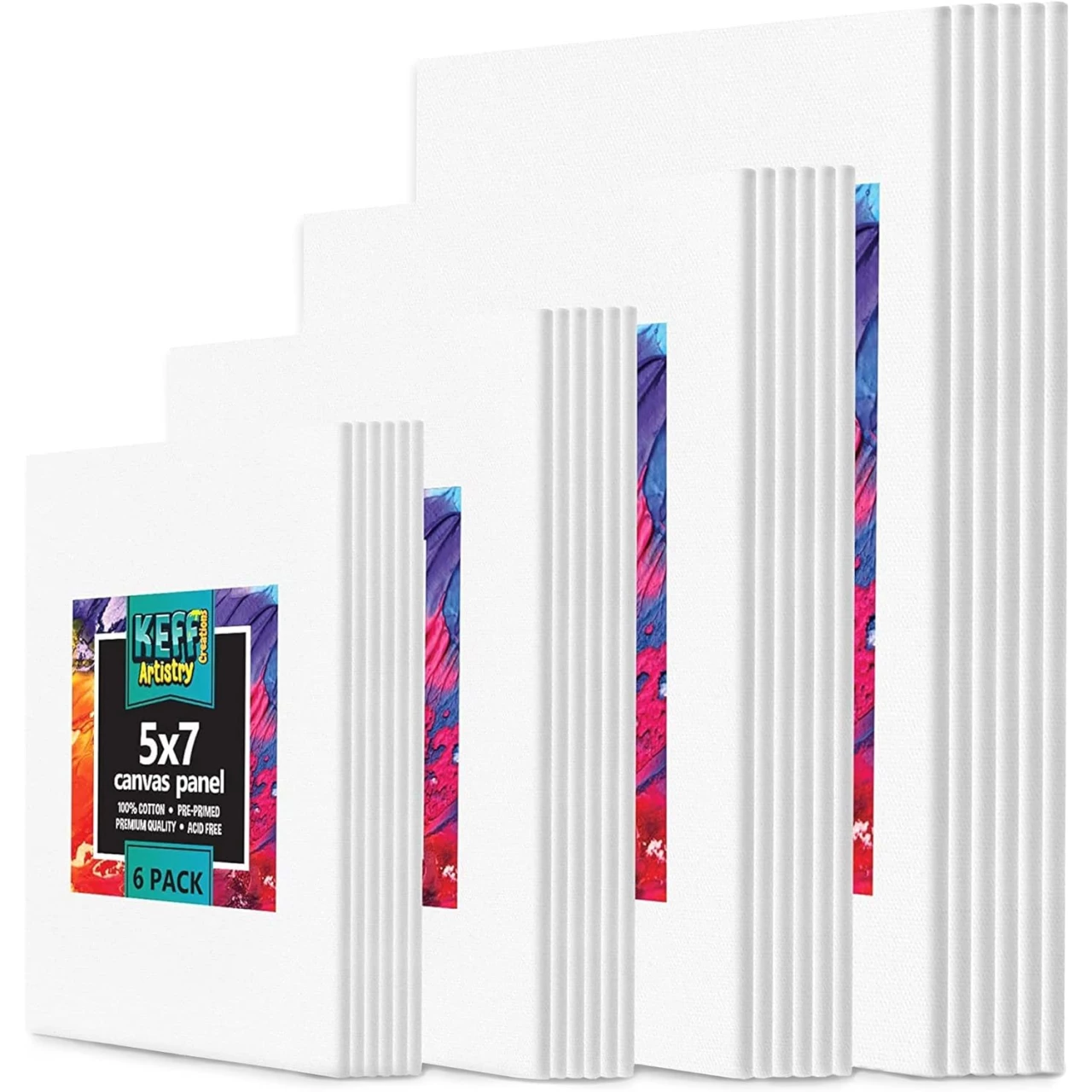 KEFF Canvases for Painting - 24 Pack Art Paint Canvas Panels Set Boards - 5x7, 8x10, 9x12, 11x14 Inches 100% Cotton Primed Painting Supplies for Acrylic, Oil, Tempera &amp; Watercolor Paint