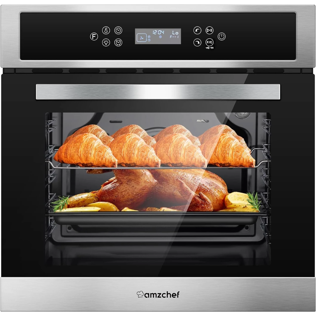 AMZCHEF Single Wall Oven 24&quot; Built-in Electric Ovens with 11 Functions, 8 Automatic Recipes, 2800W, 240V, 2.5Cu.f Convection Wall Oven in Stainless Steel, Touch Control, Timer, Safety Lock 8 Automatic Programming Modes for Quick Start