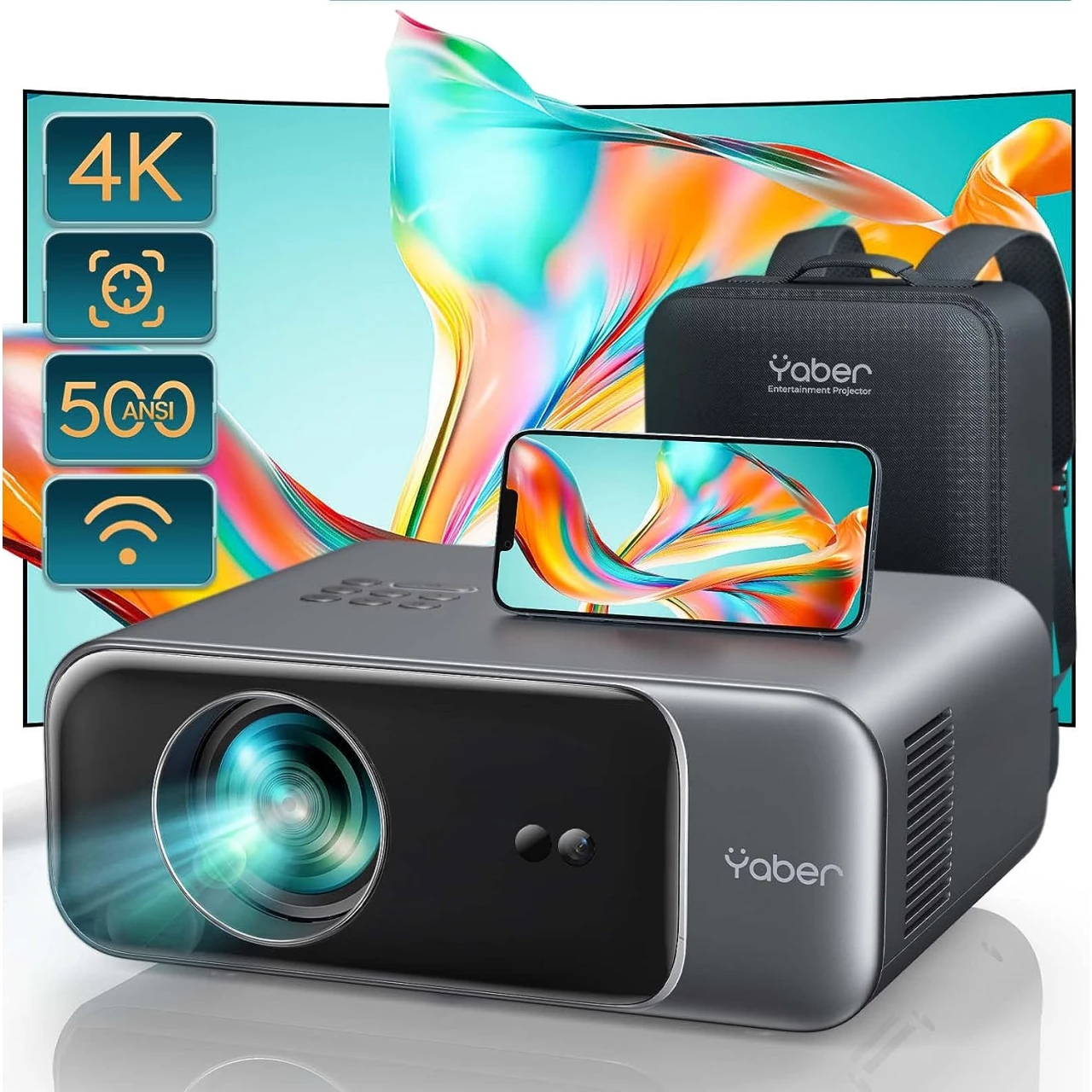 [𝑨𝒖𝒕𝒐 𝑭𝒐𝒄𝒖𝒔] YABER Pro V9 4K Projector with WiFi 6 and Bluetooth 5.2, 500 ANSI Native 1080P Outdoor Movie Projector, Auto 6D Keystone &amp; 50% Zoom, Home Theater Projector for Phone/TV Stick/PC