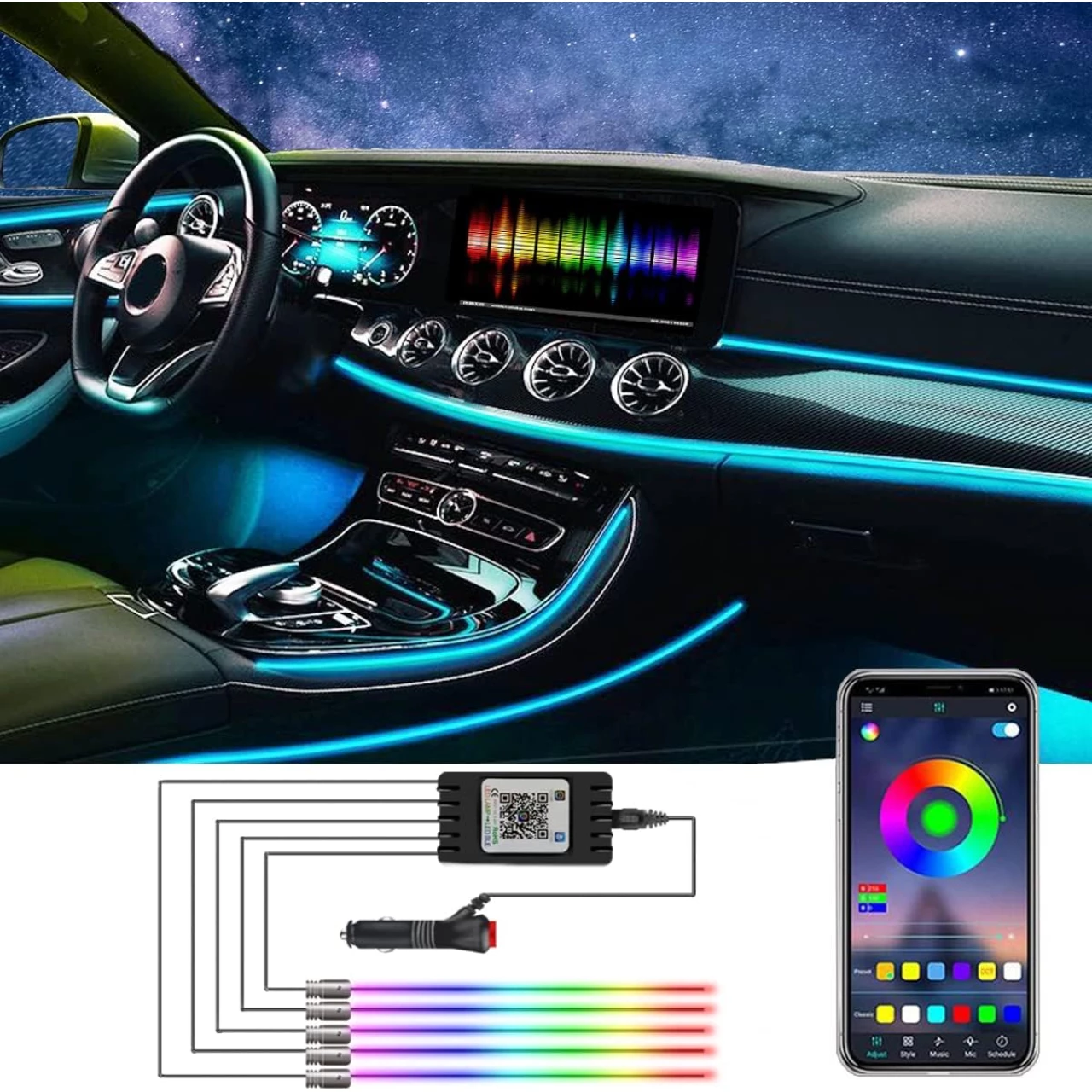 Car LED Strip Light, RGB Interior Car Lights, App Control 16 Million Color,5 in 1 with 236.22 inches Fiber Optic, Multi-Color Ambient Lighting Kits, Music Sync Rhythm and DIY Colors Mode