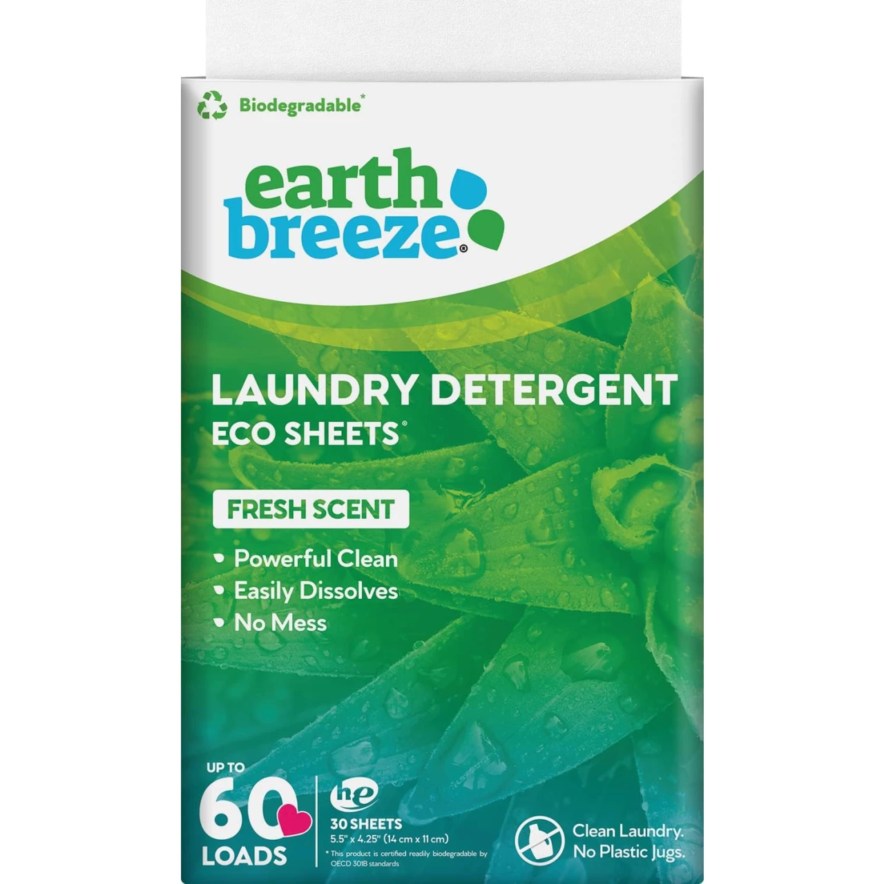 Earth Breeze Laundry Detergent Sheets - Fresh Scent - No Plastic Jug (60 Loads) 30 Sheets, Liquidless Technology…