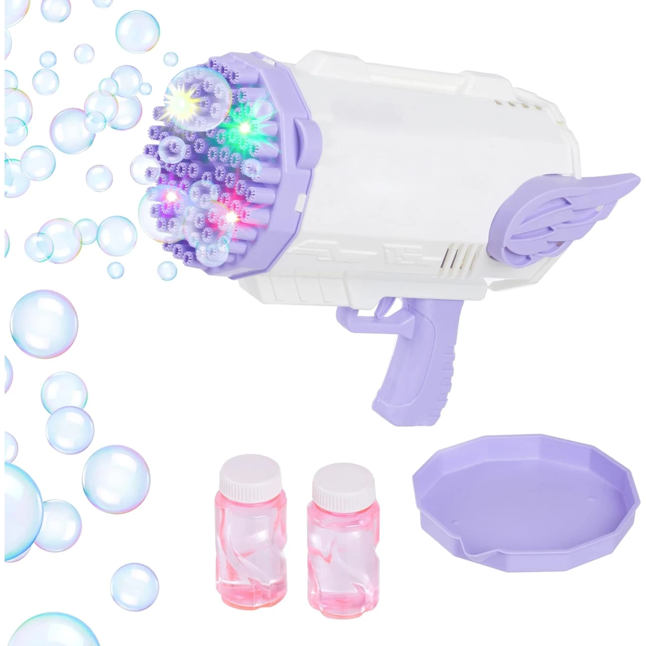 Bubble Gun with 80 Holes and Colorful LED Lights - Includes Bubble Solution - Bubbles for Kids or Parties by Hey Play