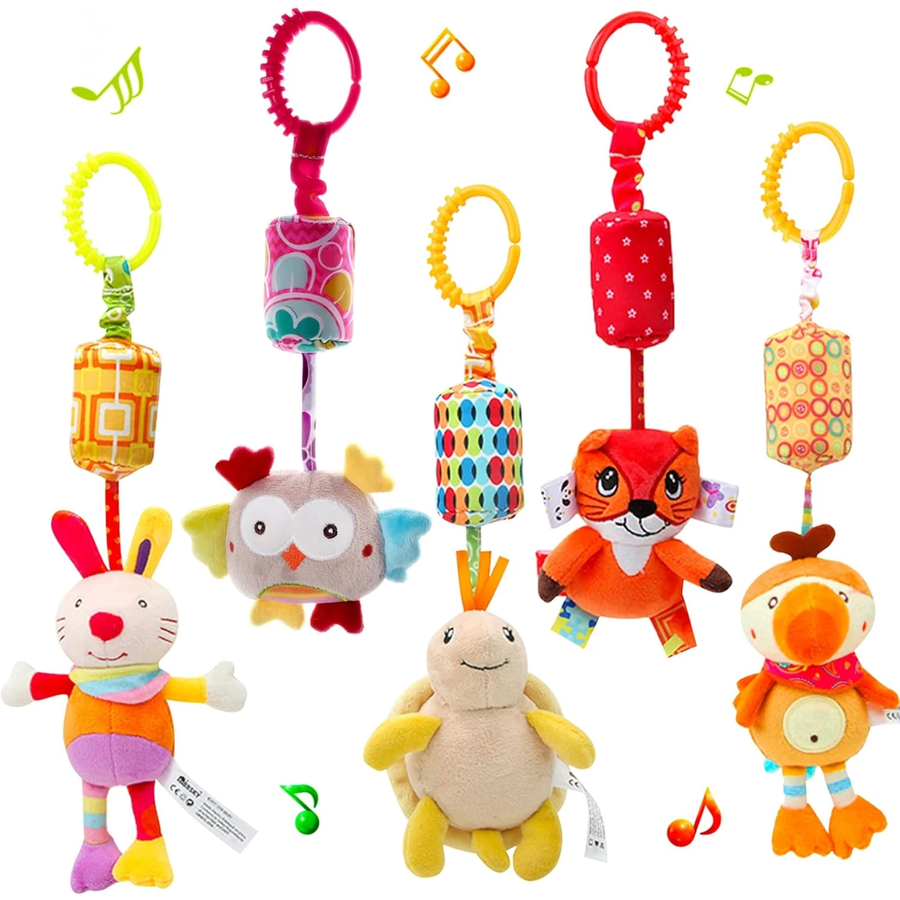 WILNARA Baby Hanging Toy Cartoon Animal Stuffed Rattle Bell Carseat Toys for 1-12 Months Baby Crib Stroller Pushchair (5 Pack)
