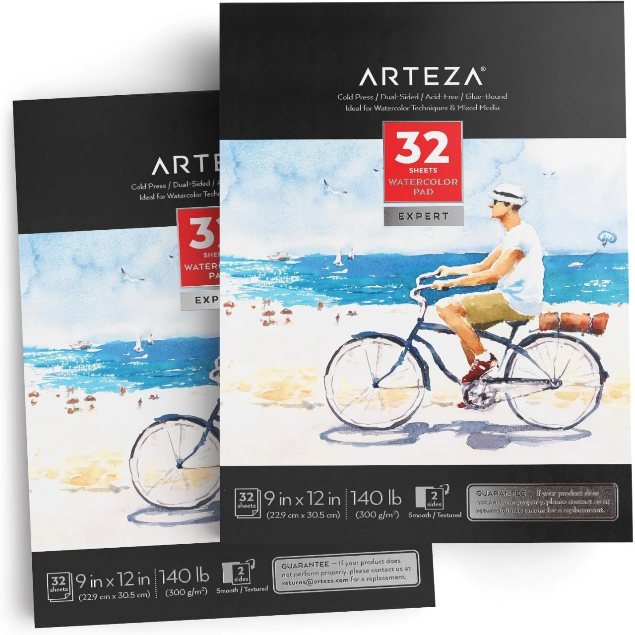 Arteza Watercolor Paper Pad, 9x12 inch, Pack of 2 (32 Sheets Each), Cold Pressed Watercolor Sketchbook, 140lb/300gsm Acid Free Watercolor Paper, Art Supplies for Watercolors &amp; Mixed Media Drawing