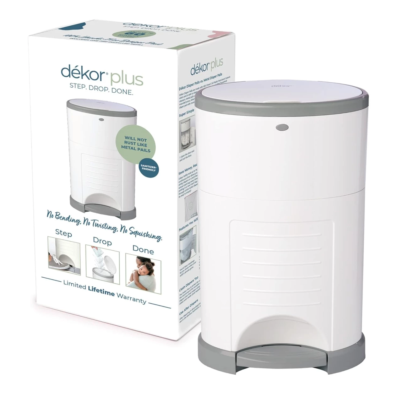 Dekor Plus Hands-Free Diaper Pail | White | Easiest to Use | Just Step - Drop - Done | Doesn&rsquo;t Absorb Odors | 20 Second Bag Change | Most Economical Refill System |Great for Cloth Diapers