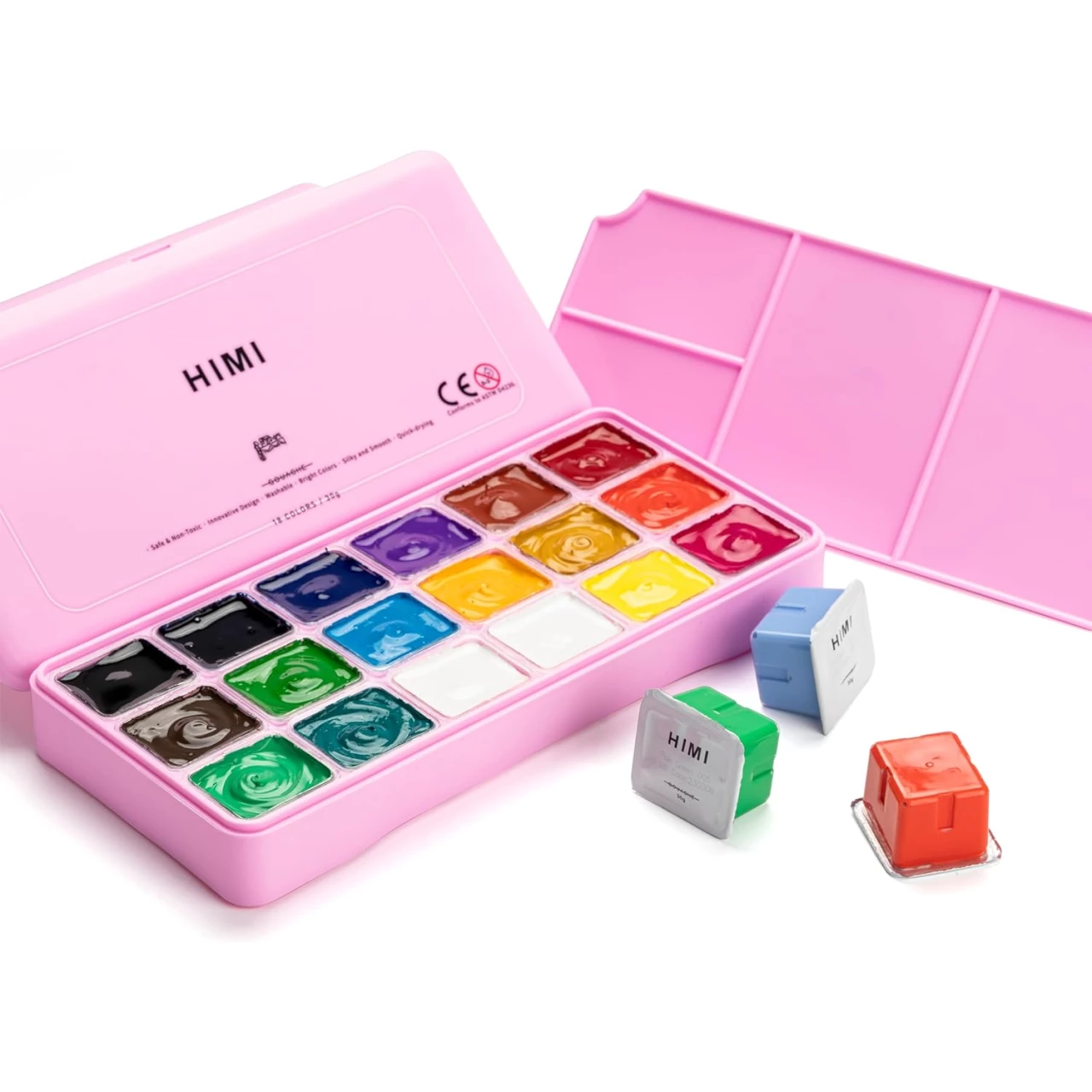 HIMI Gouache Paints Set, 18 Colors, 30g, jelly gouache paint set, Non Toxic Paint for Canvas and Paper, Art Supplies for Professionals, and More (Pink Case)