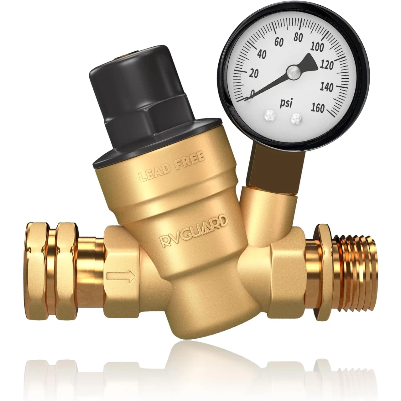 RVGUARD RV Water Pressure Regulator Valve, Brass Lead-Free Adjustable Water Pressure Reducer with Gauge and Inlet Screen Filter