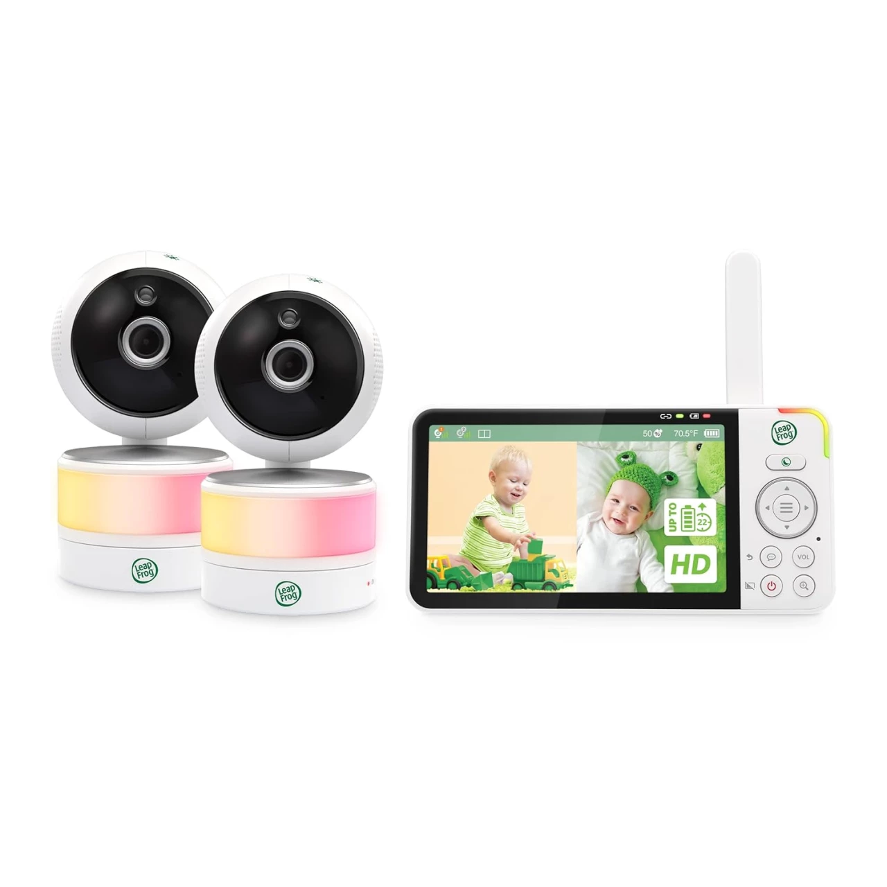 LeapFrog LF915-2HD Video Baby Monitor with 2 Camera, 5” 720p HD LCD Display, 360° Pan &amp; Tilt with 8X Zoom Cameras, Color Night Vision, Night Light, Two-Way Intercom, Smart Sensors