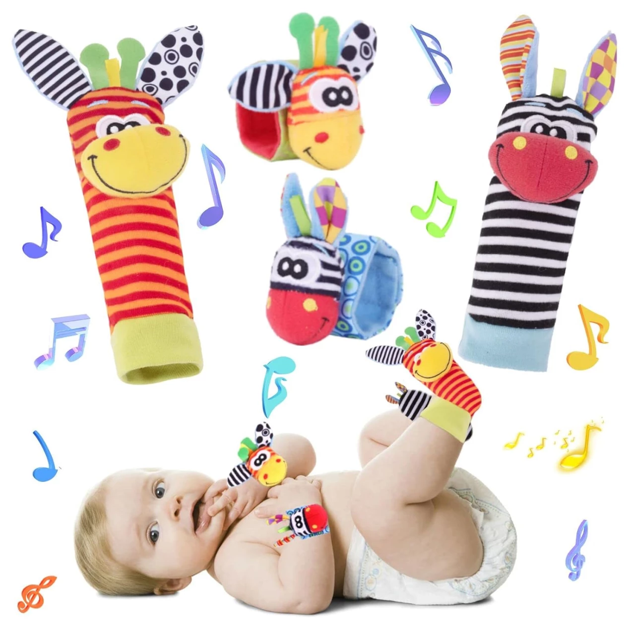 PADONISE Wrist Rattle Foot Finder Socks Set Arm Hand Bracelet Rattle Feet Leg Ankle Socks Newborn Soft Sensory Toy Baby Socks Newborn Wrist Rattles for Babies 0-6 Months Infant Baby Gift 6-12 Months