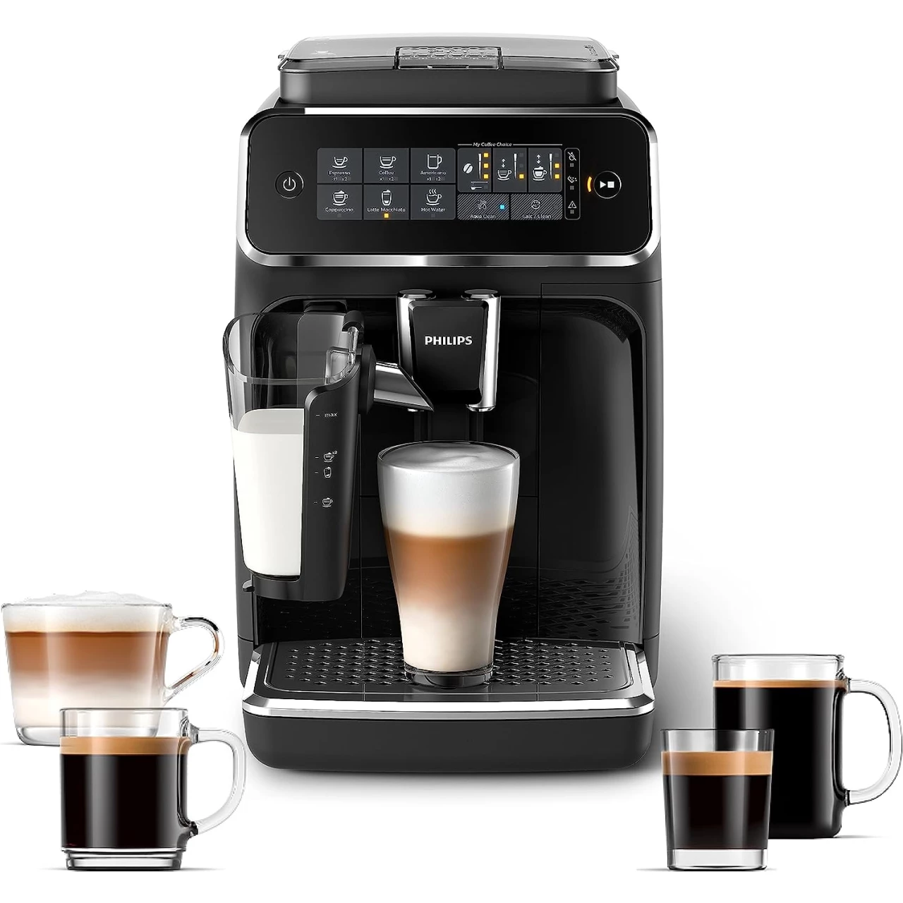 PHILIPS 3200 Series Fully Automatic Espresso Machine - LatteGo Milk Frother, 5 Coffee Varieties, Intuitive Touch Display, Black, (EP3241/54)