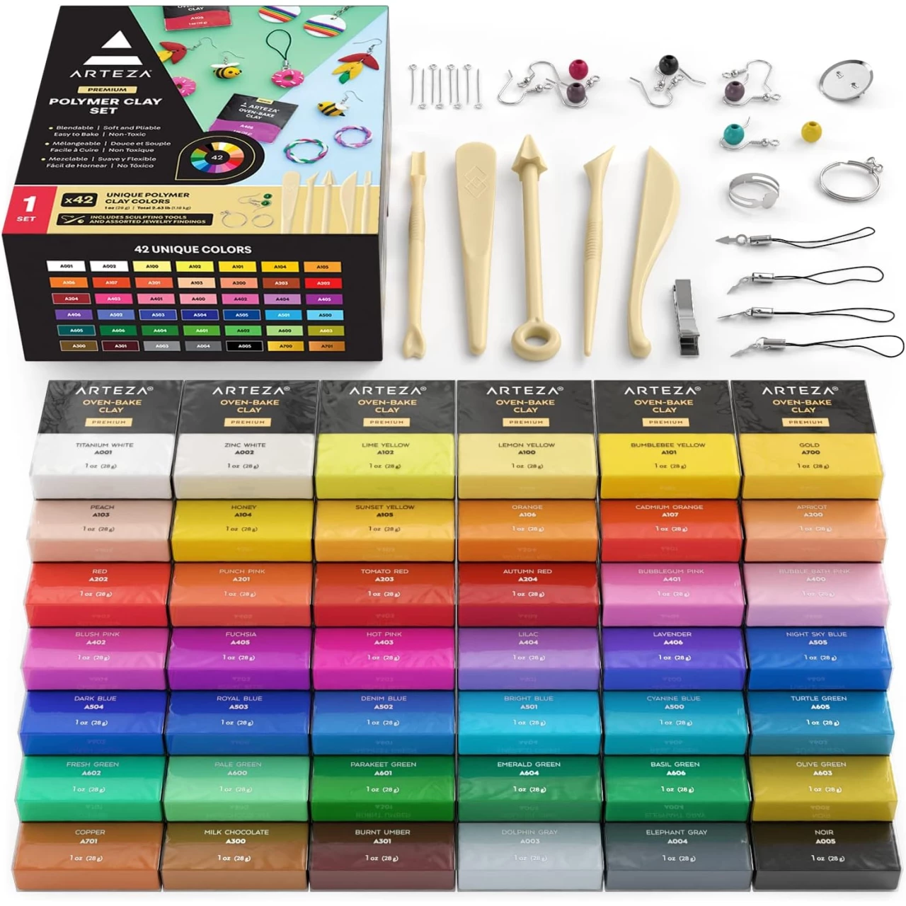 Arteza Polymer Clay Kit, Modeling Clay Oven Bake for Adults and Teens with 5 Sculpting Tools, 42 Colors