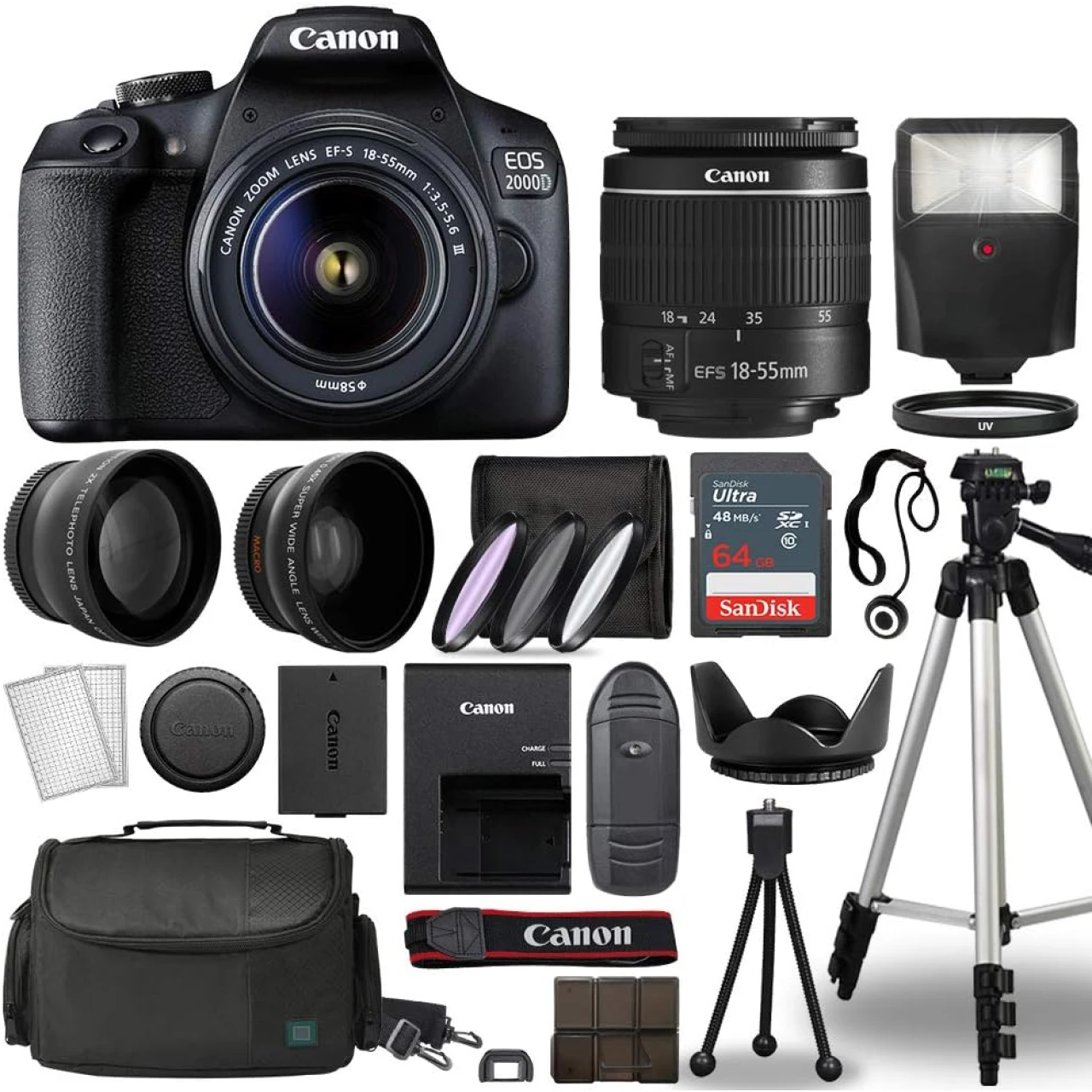 Canon Cameras EOS 2000D / Rebel T7 Digital SLR Camera Body w/Canon EF-S 18-55mm f/3.5-5.6 Lens 3 Lens DSLR Kit Bundled with Complete Accessory Bundle+ 64GB+ Flash+ More - International Model (Renewed)