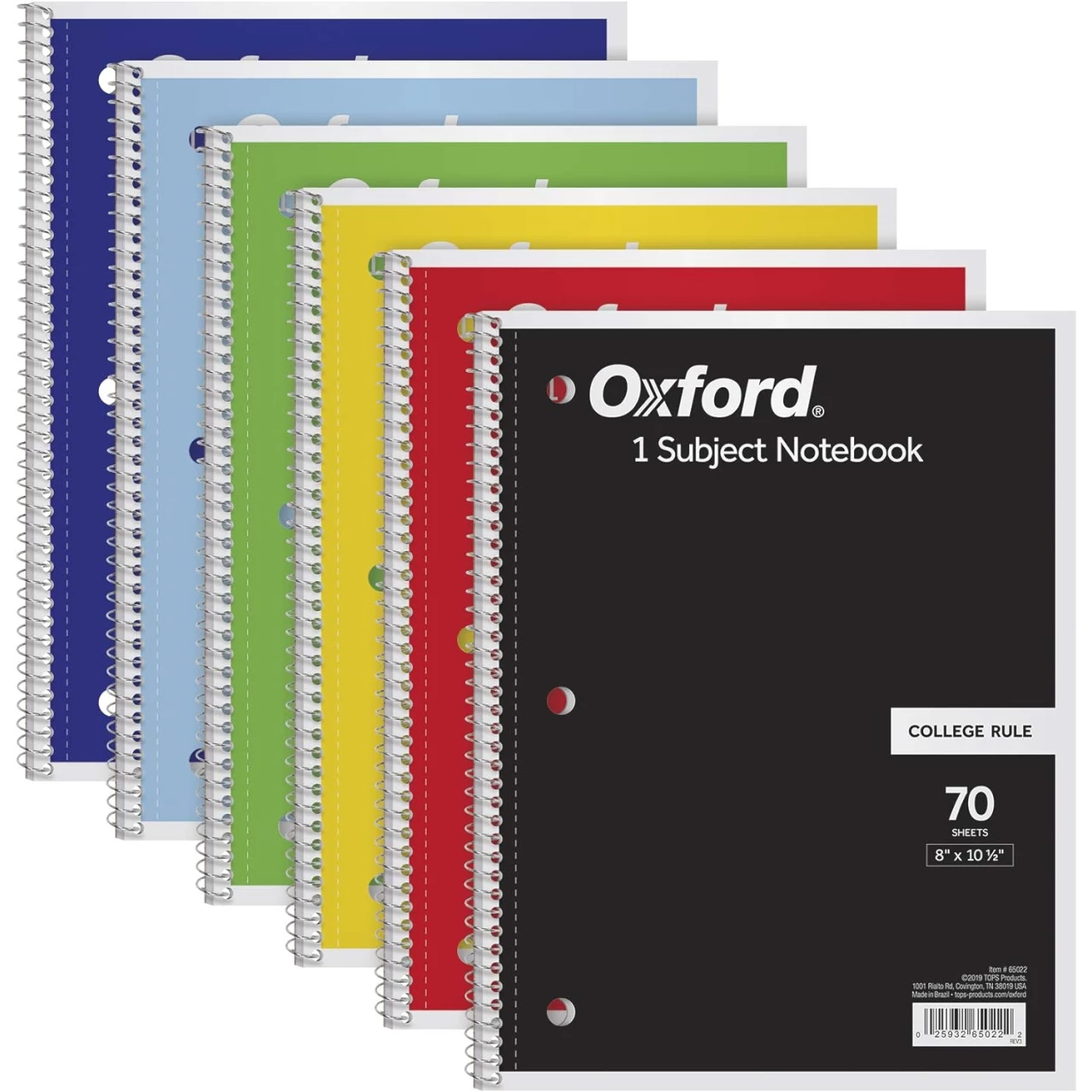 Oxford Spiral Notebook 6 Pack, 1 Subject, College Ruled Paper, 8 x 10-1/2 Inch, Color Assortment Design May Vary (65007)